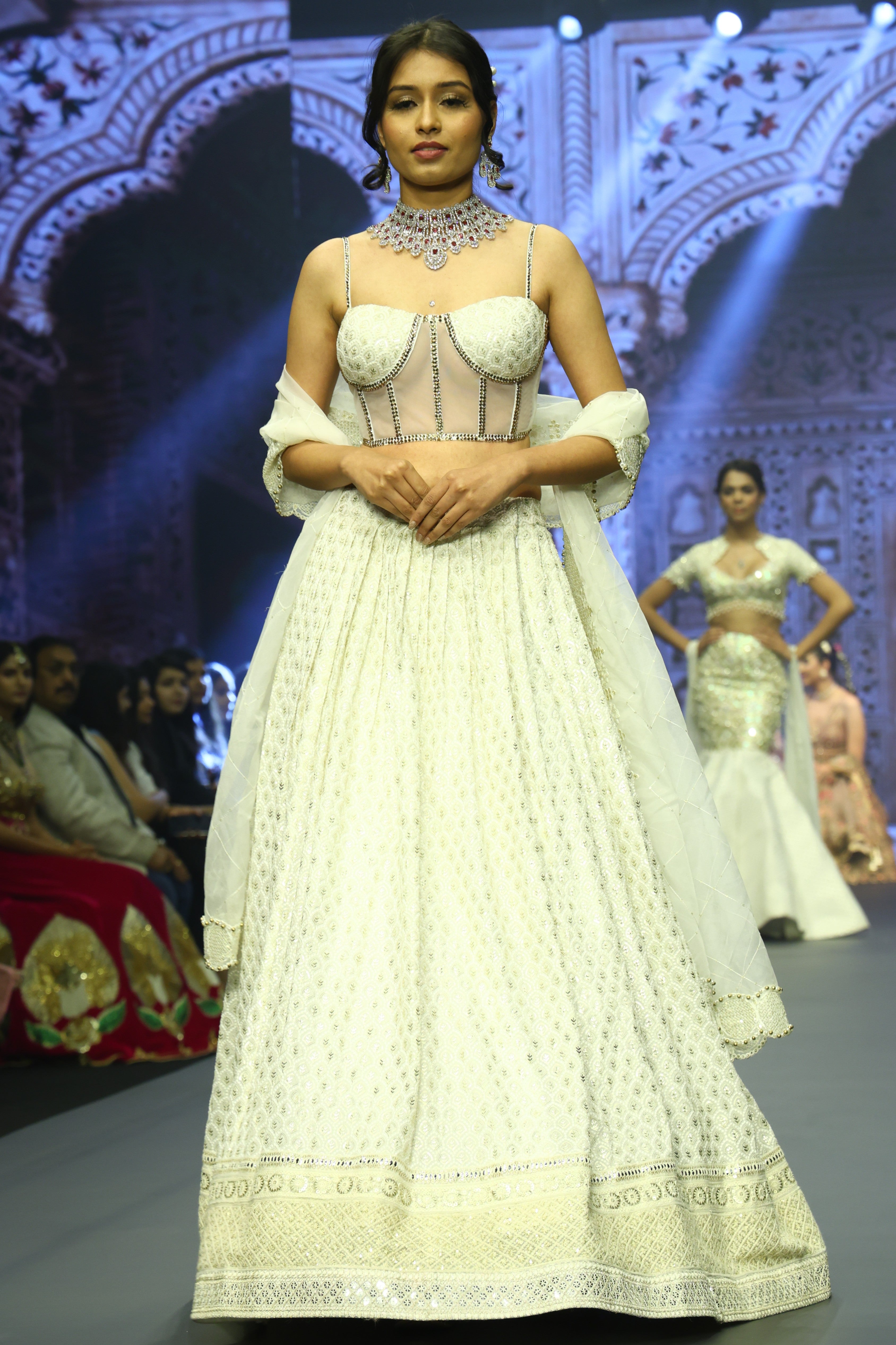 White embroidered corset lehenga set