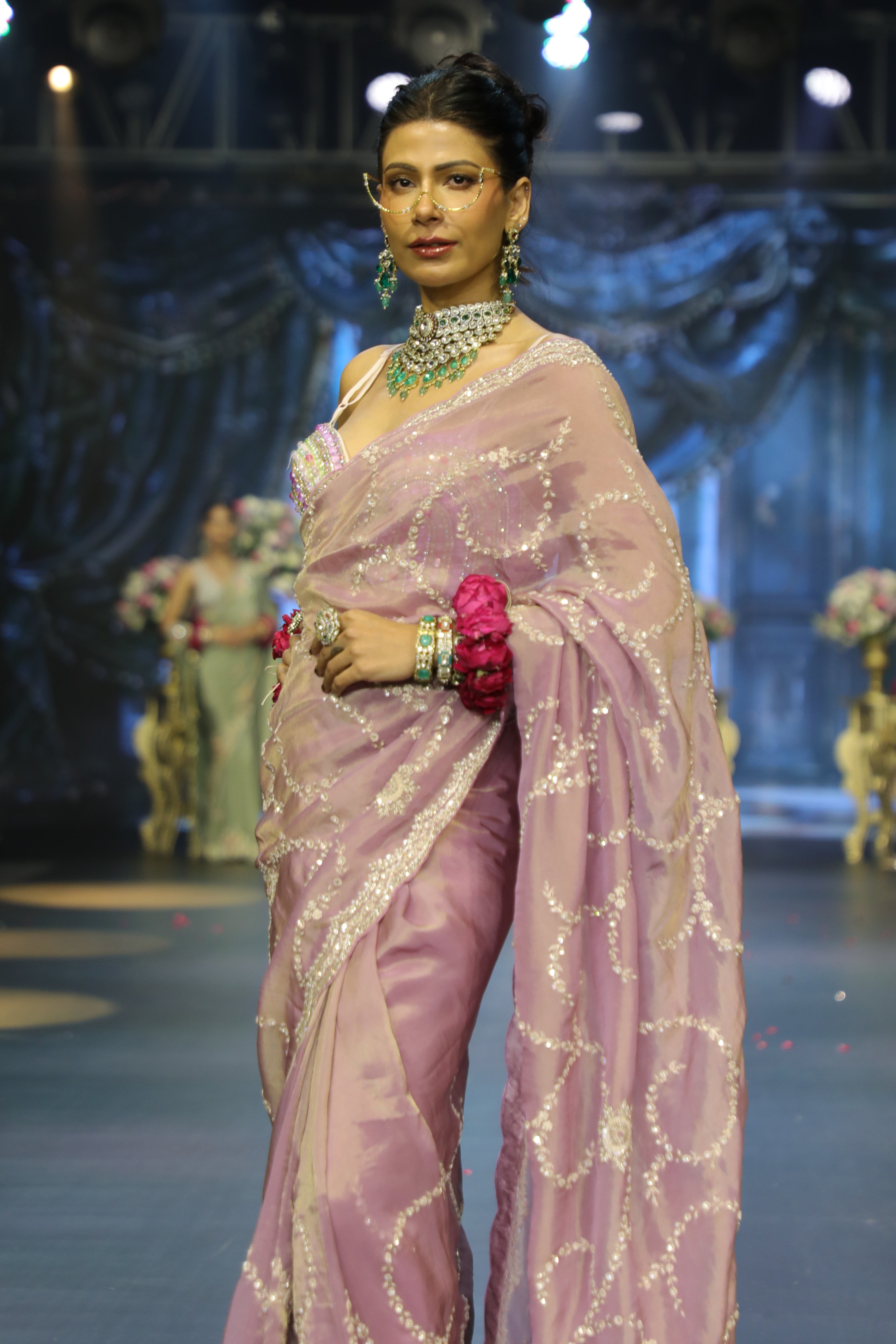 Pink Tissue Embroidered Saree