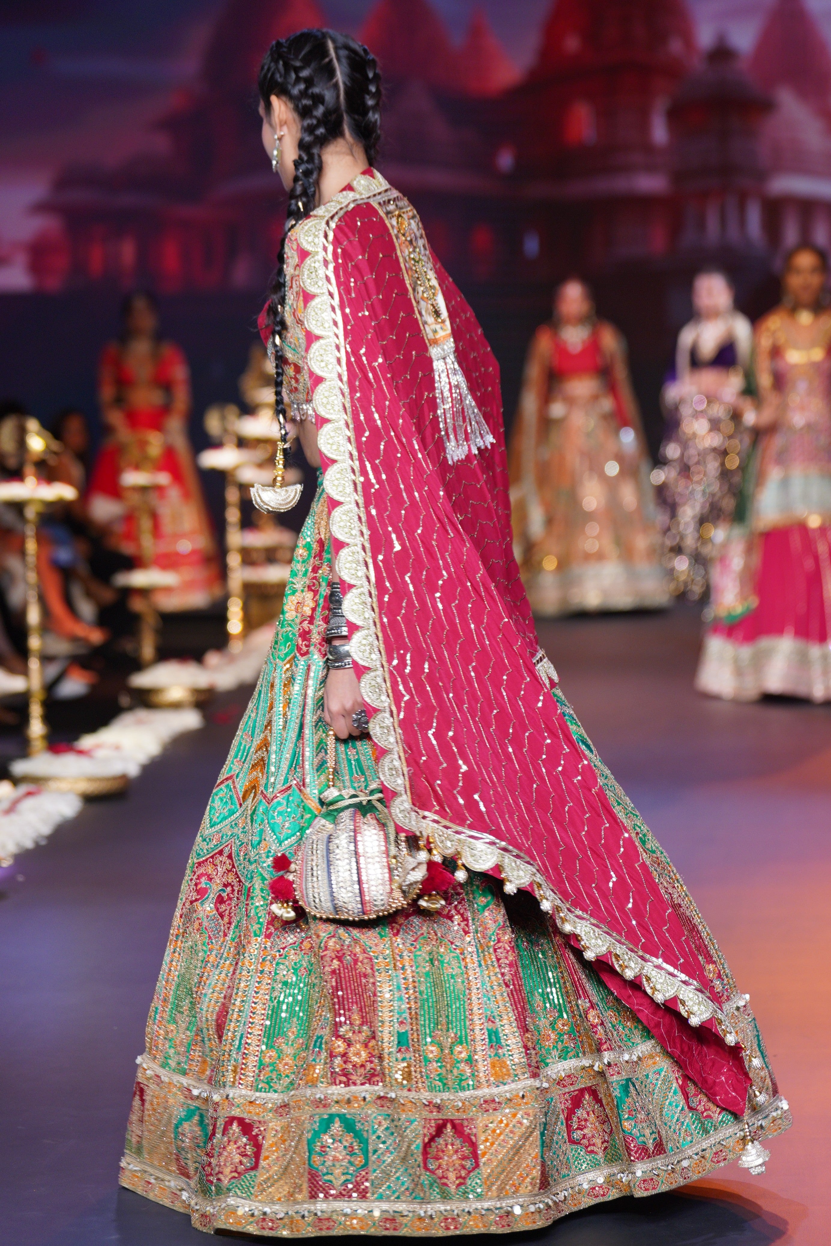 Red- Multi color raw silk embroidered lehenga set