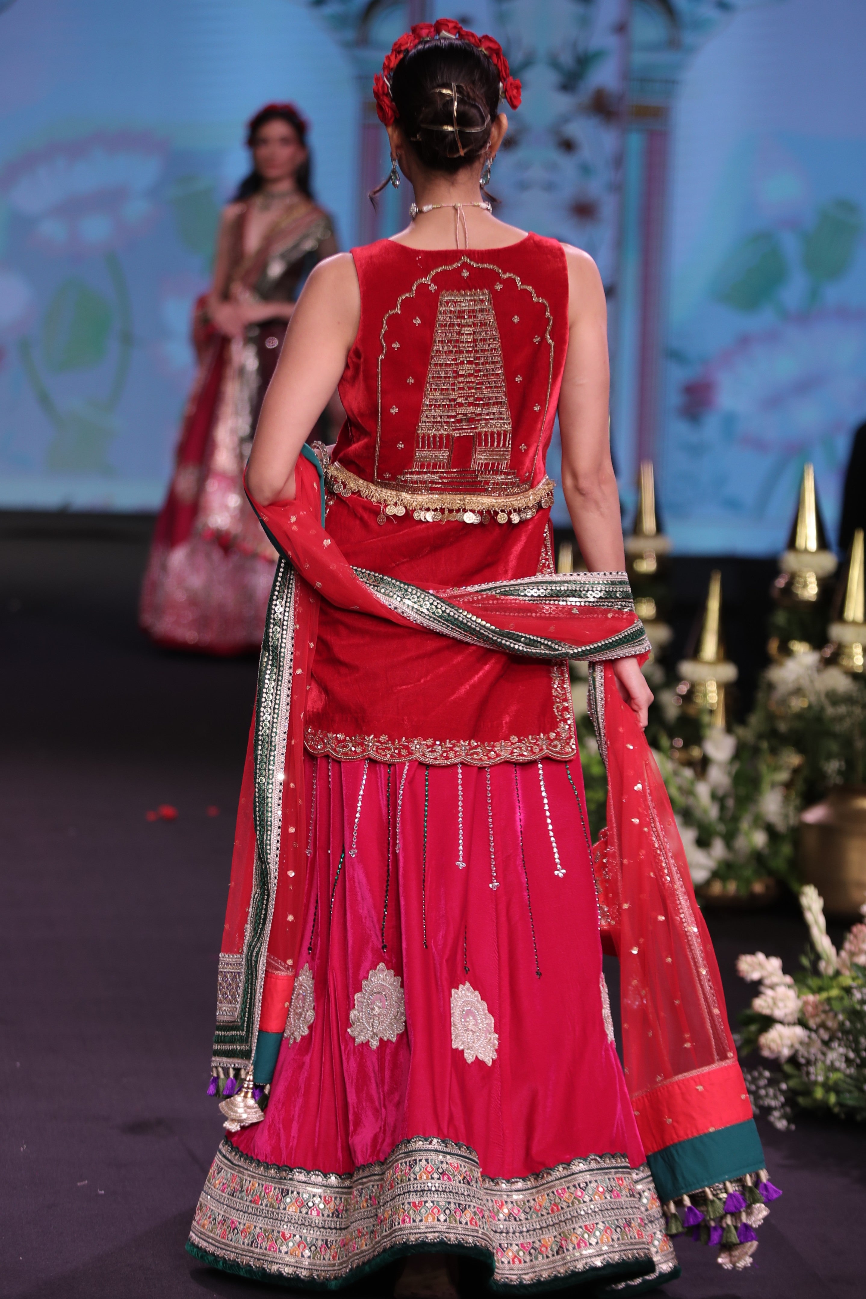 Dual tone red and pink applique work lehenga set