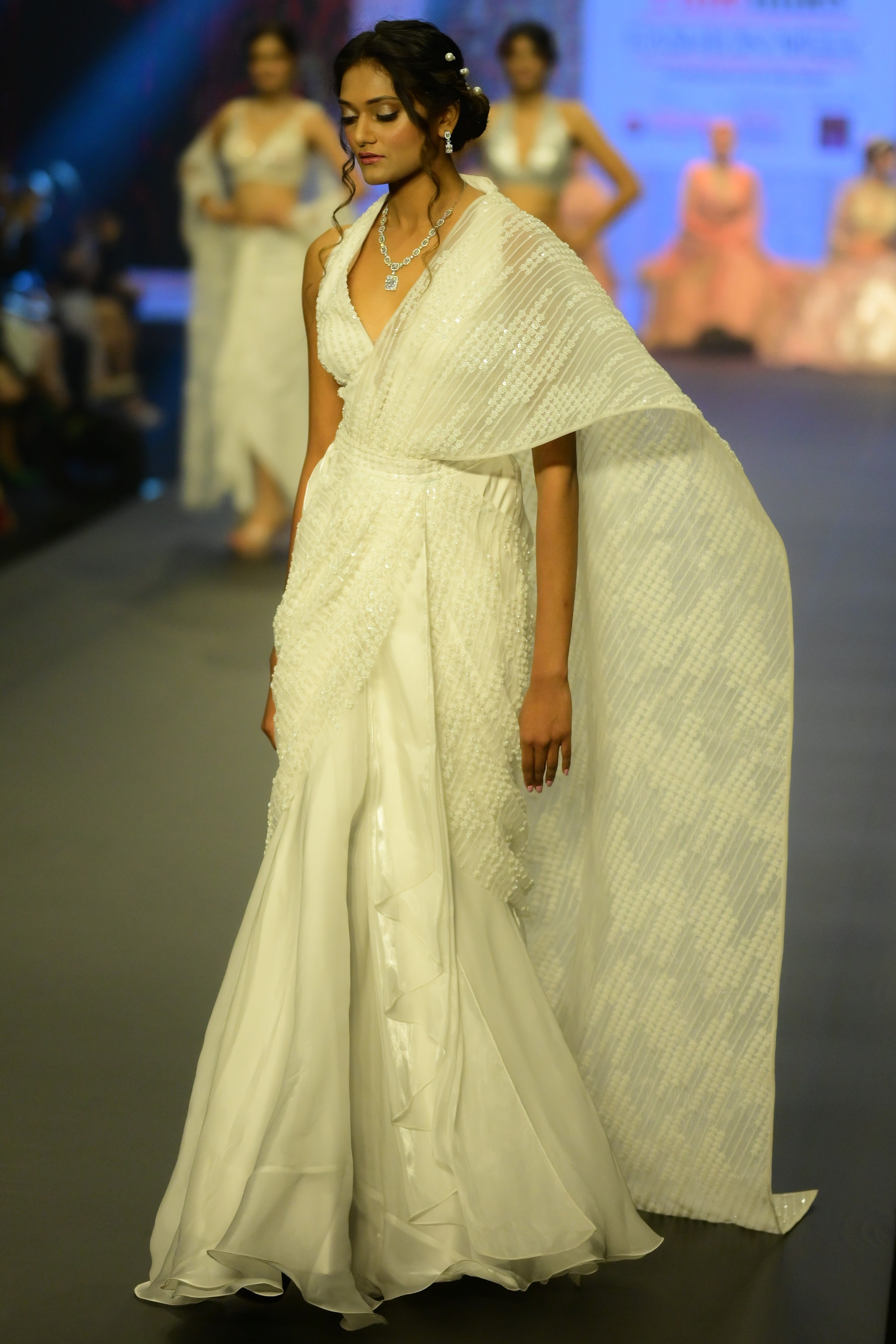 White sequin pre drape saree