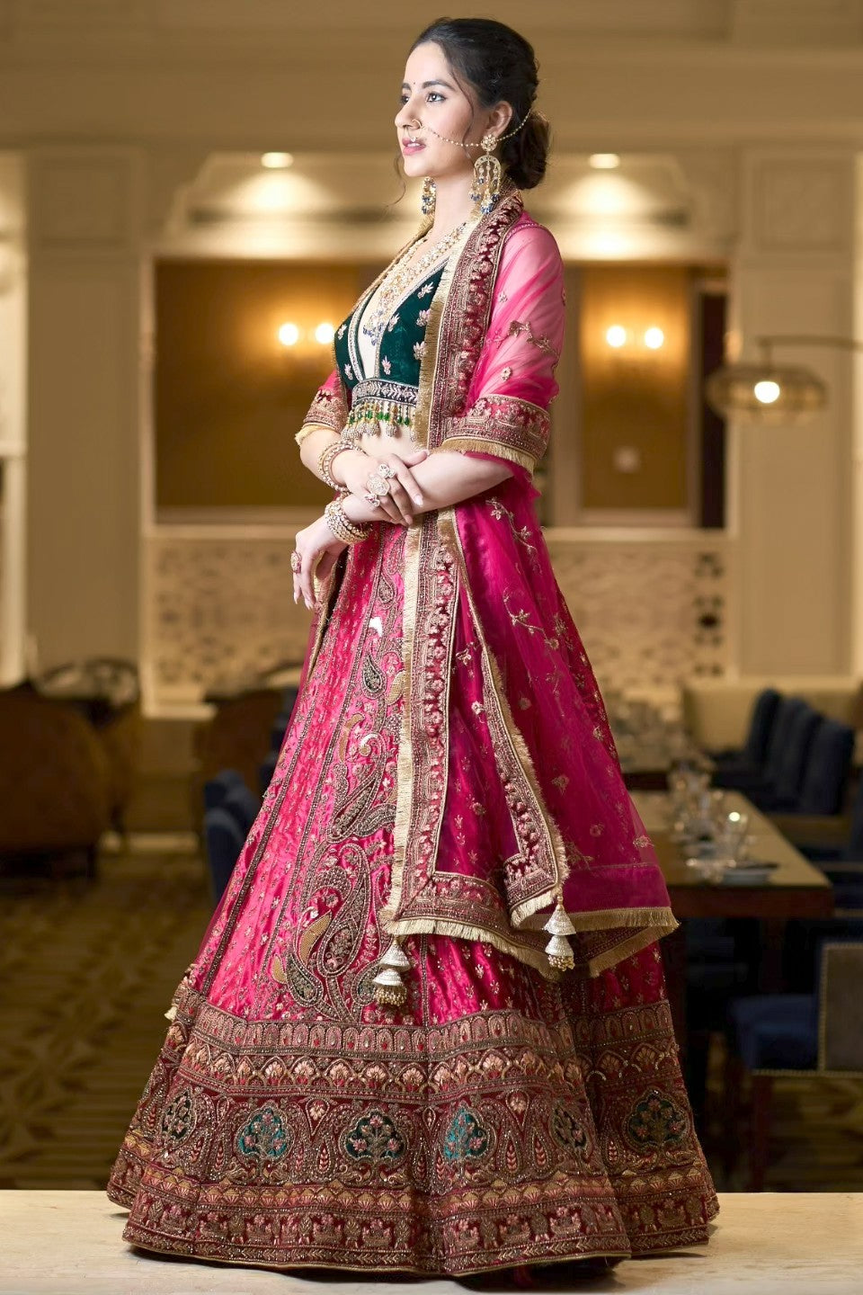 Two toned green and pink embroidered lehenga set