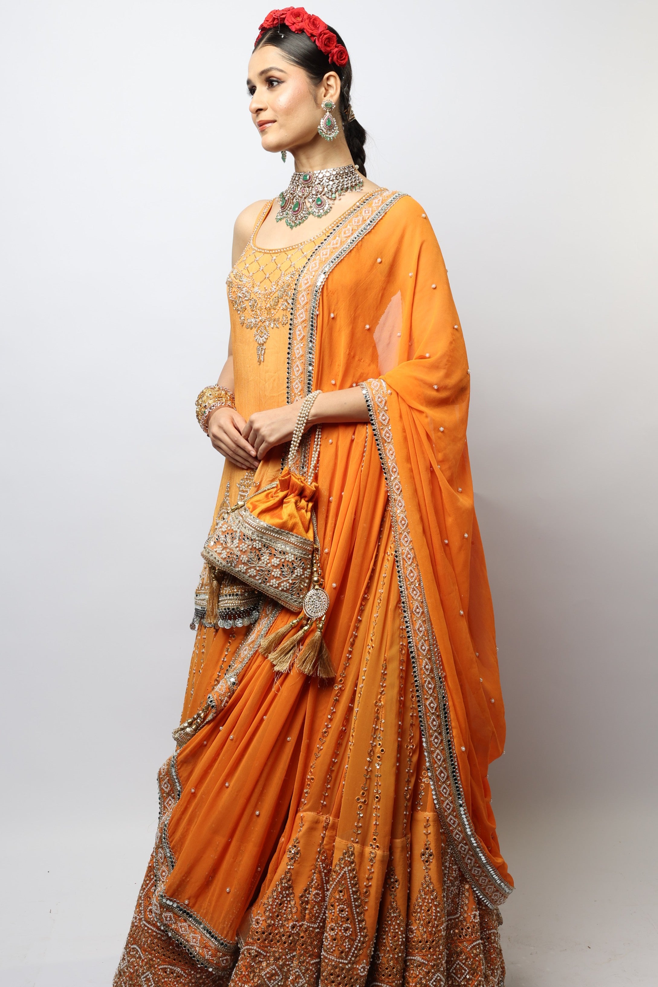 Orange ram mandir inspired embroidered lehenga set