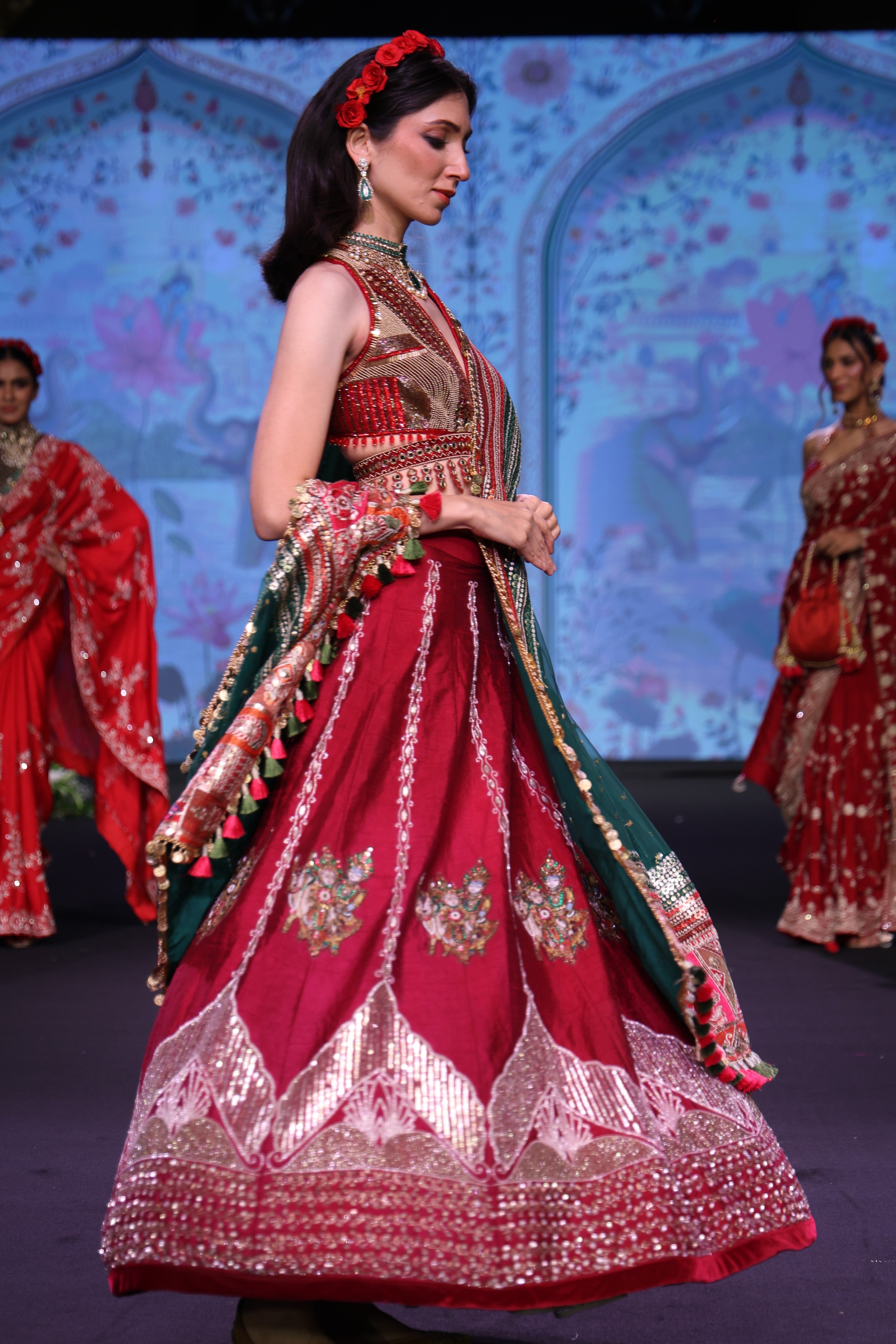 Maroon raw silk embroidered lehenga set