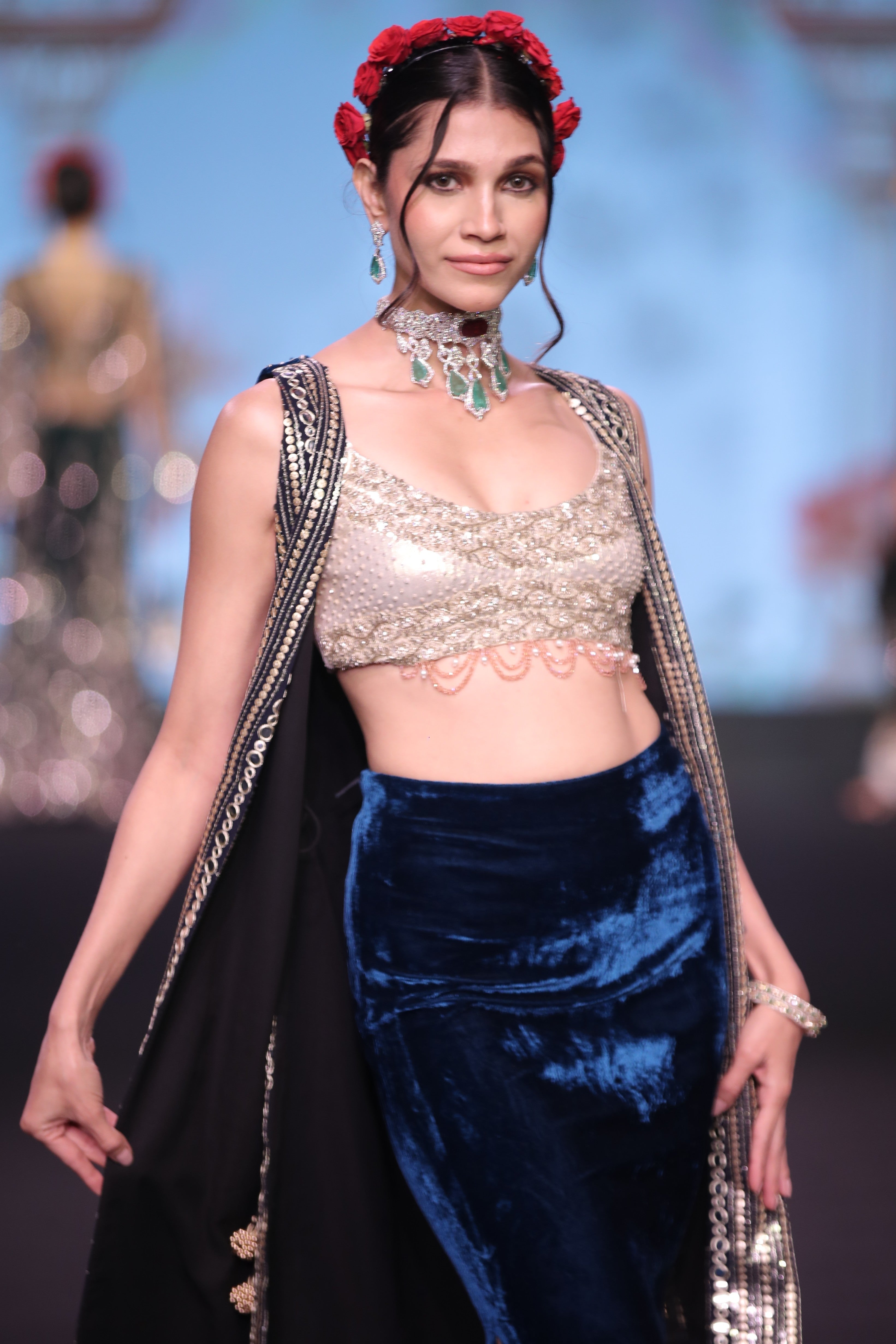 Navy blue embroidered three- piece set