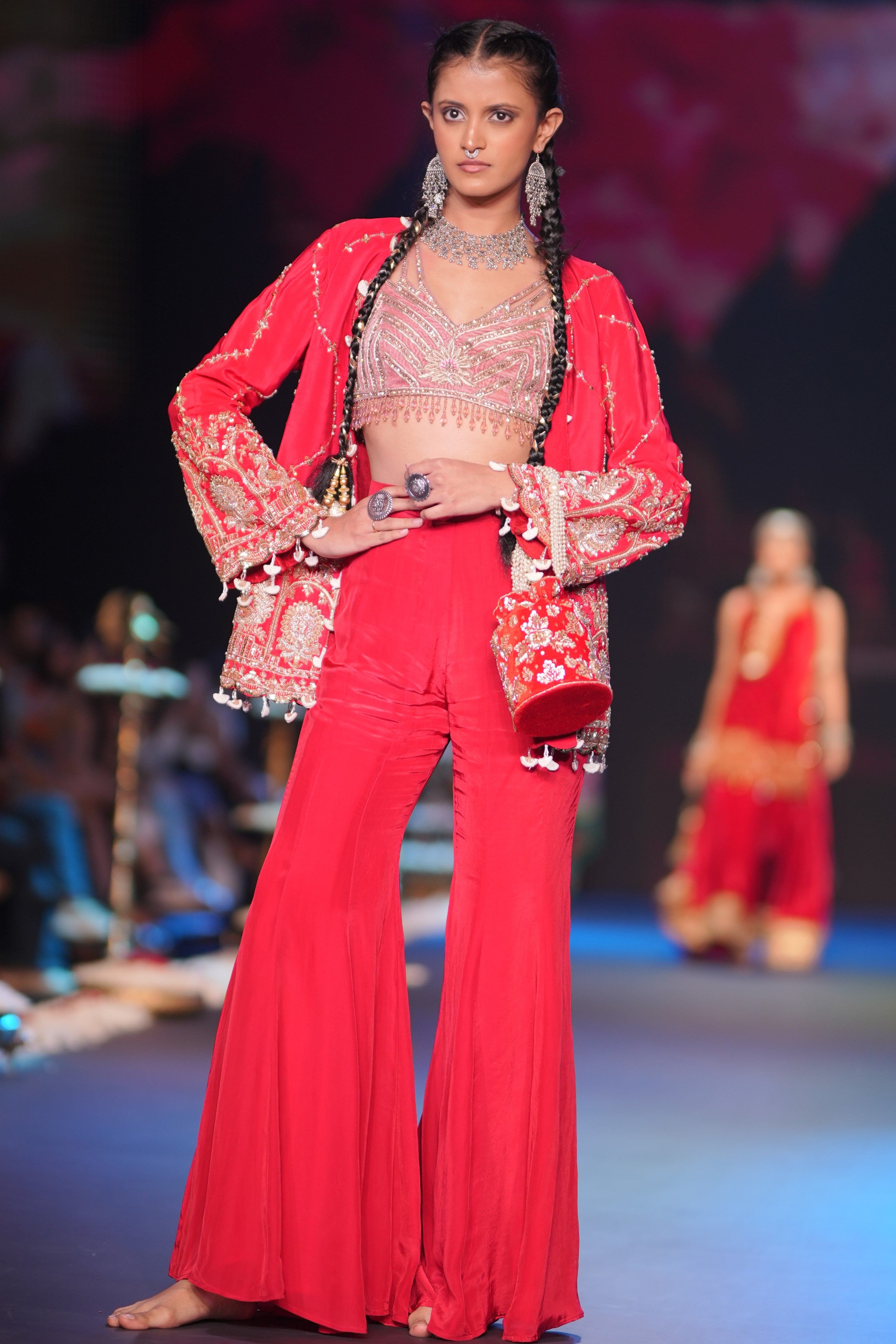 Red three- piece jacket and palazzo set
