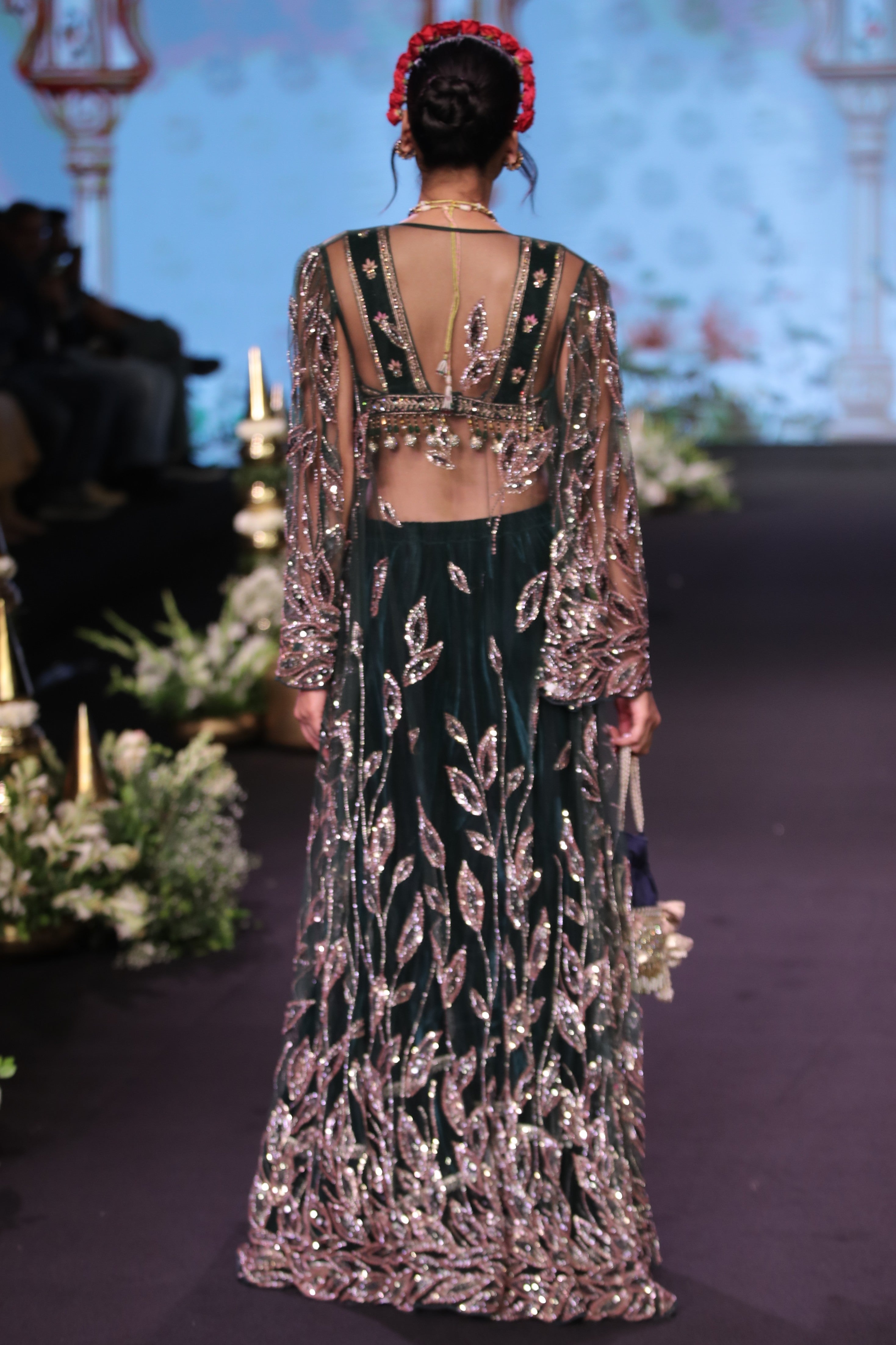 Green velvet embroidered palazzo set with cape