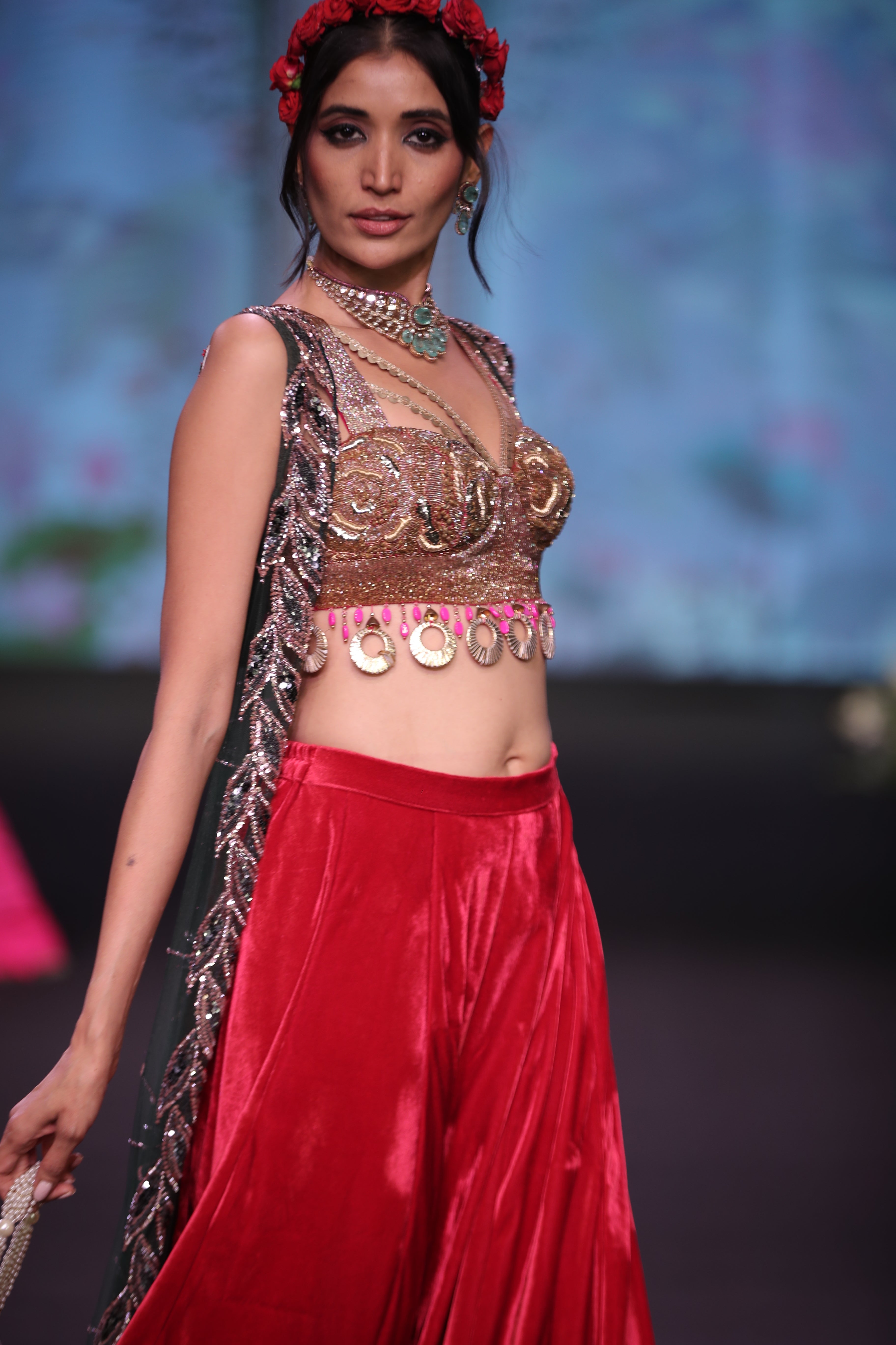 Red palazzo set and cape with jaganath embroidered print