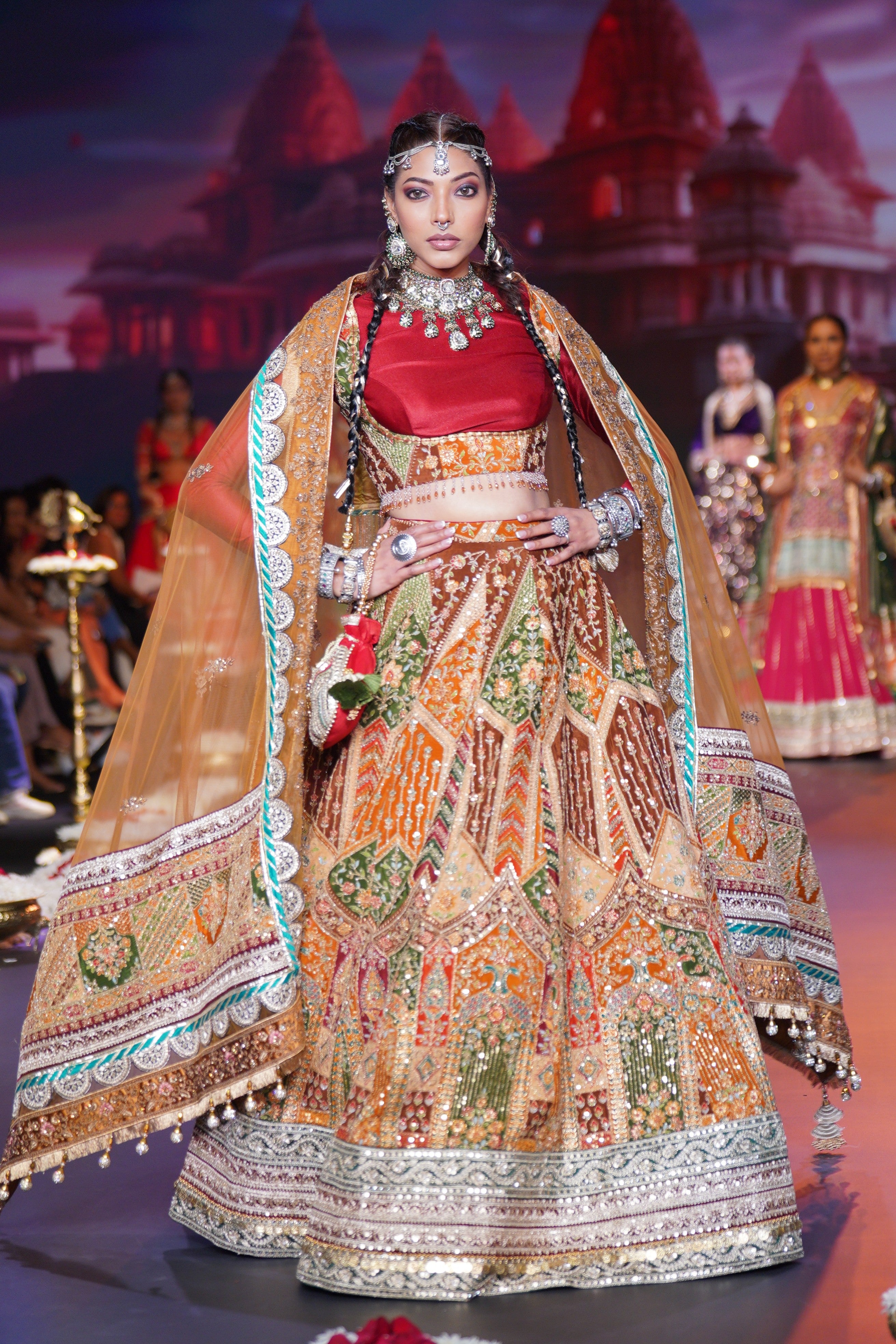 Dual tone red and multi color embroidered lehenga set