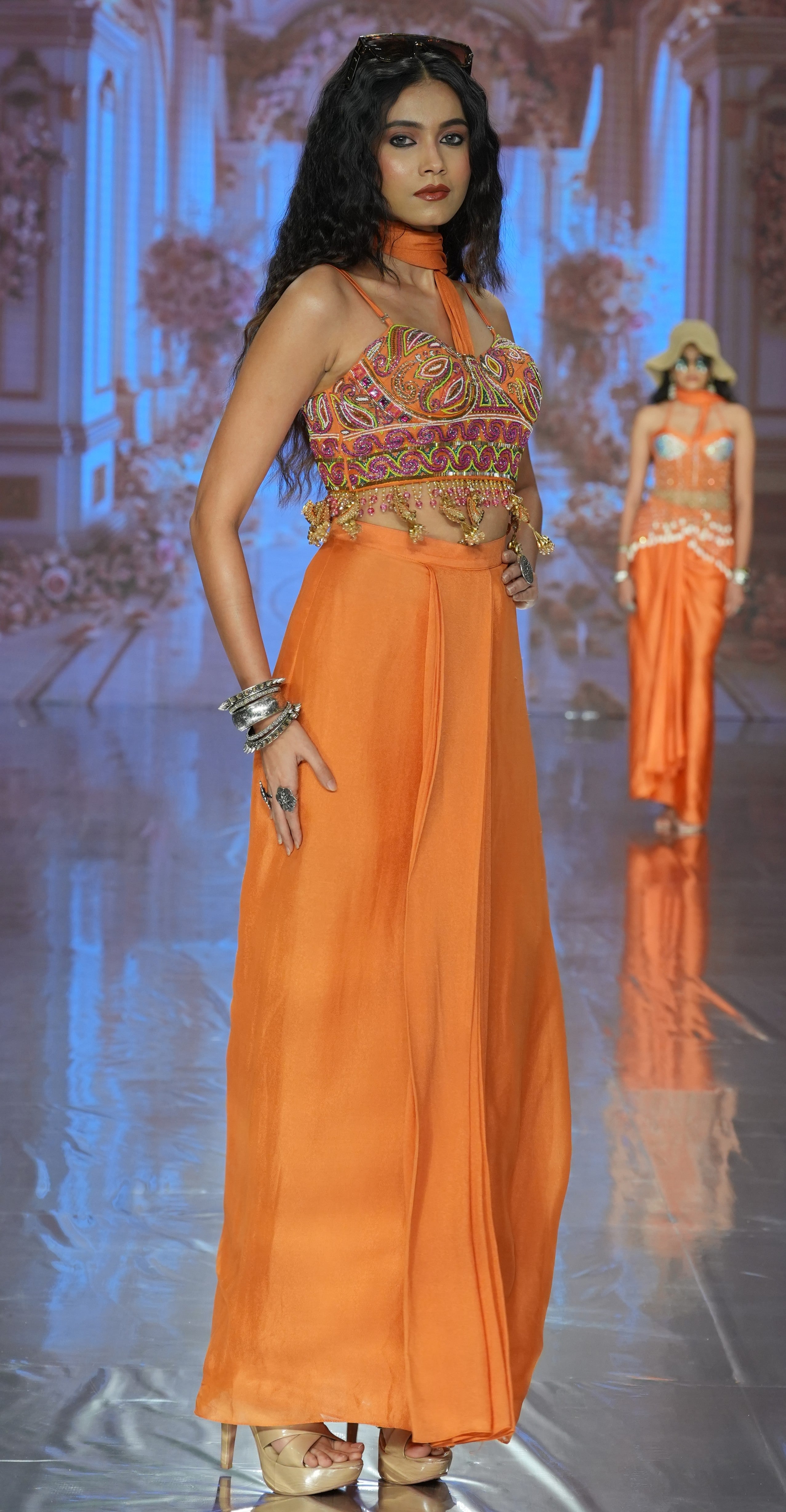 Front pleated skirt and blouse
