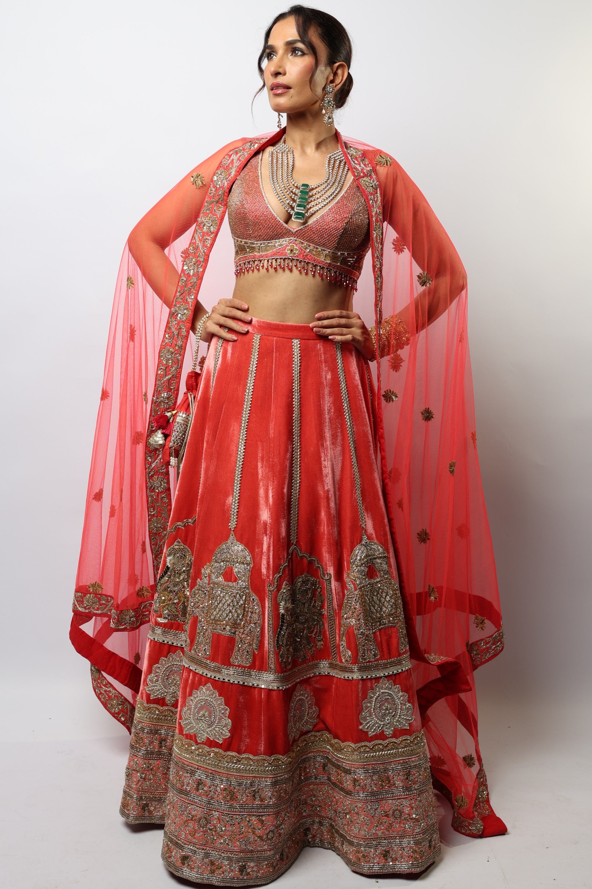 Dark orange lehenga set with embroidered motif and applique work