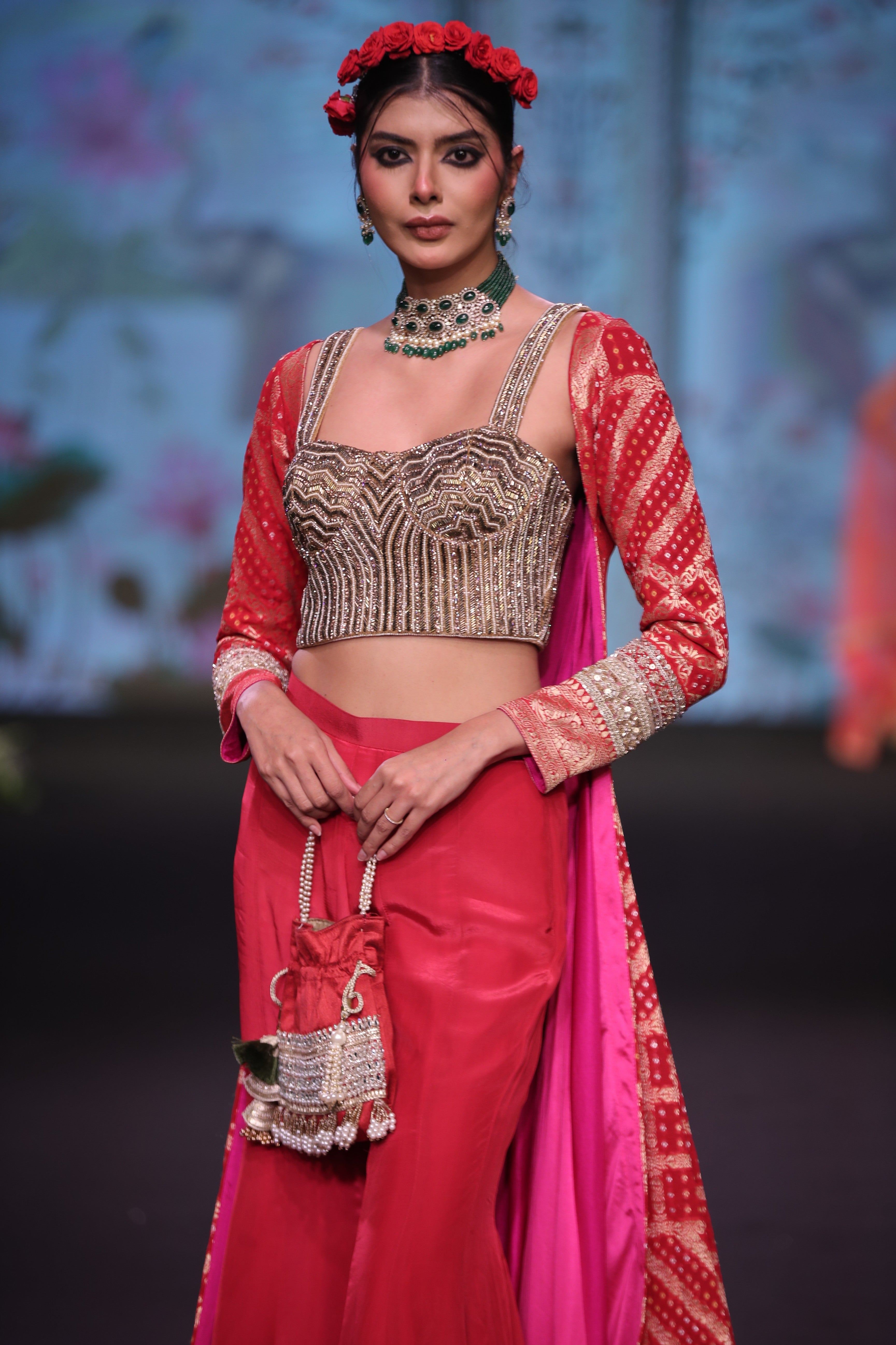 Red three piece set with long cape