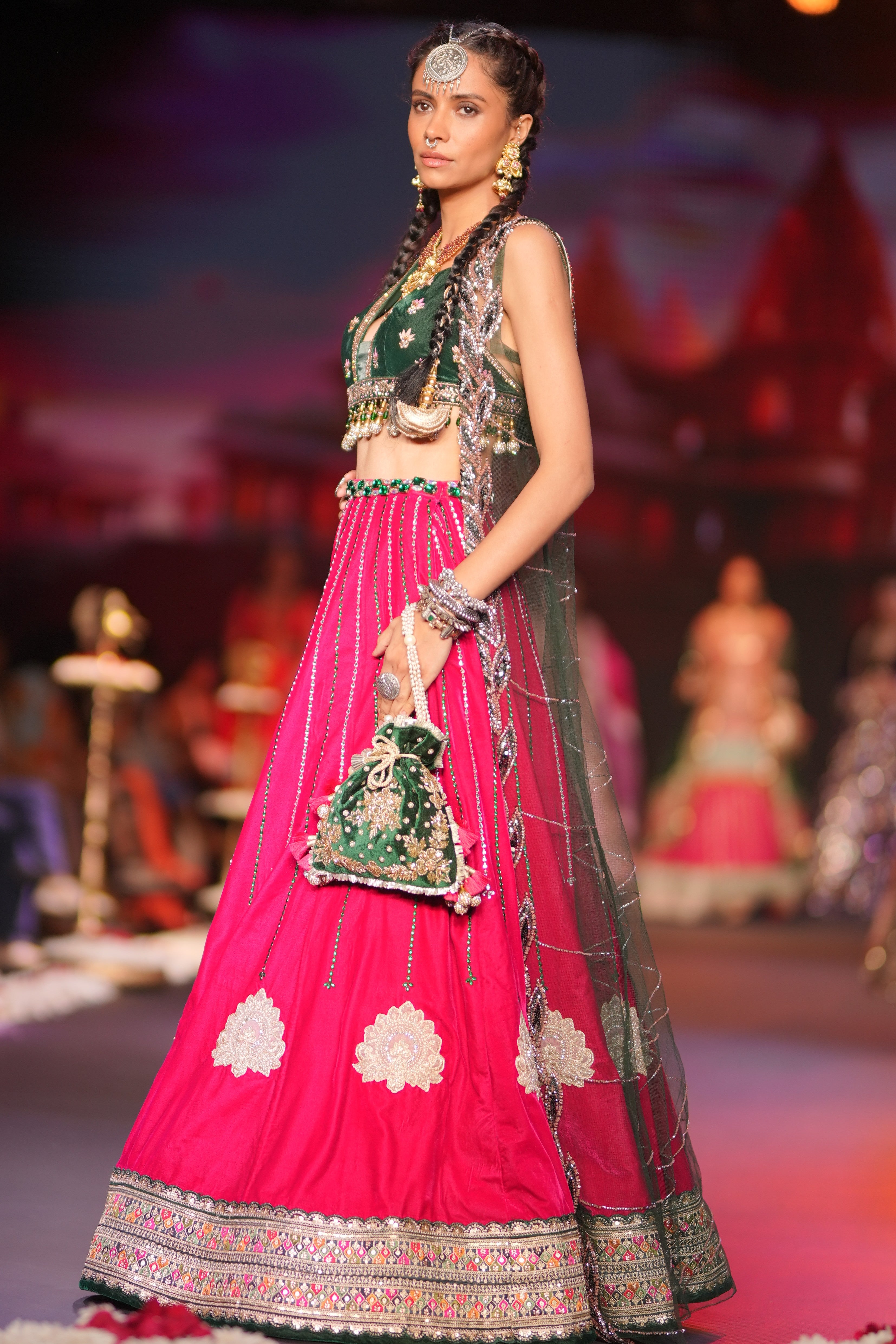 Dual tone lehenga set with jagannath print on cape