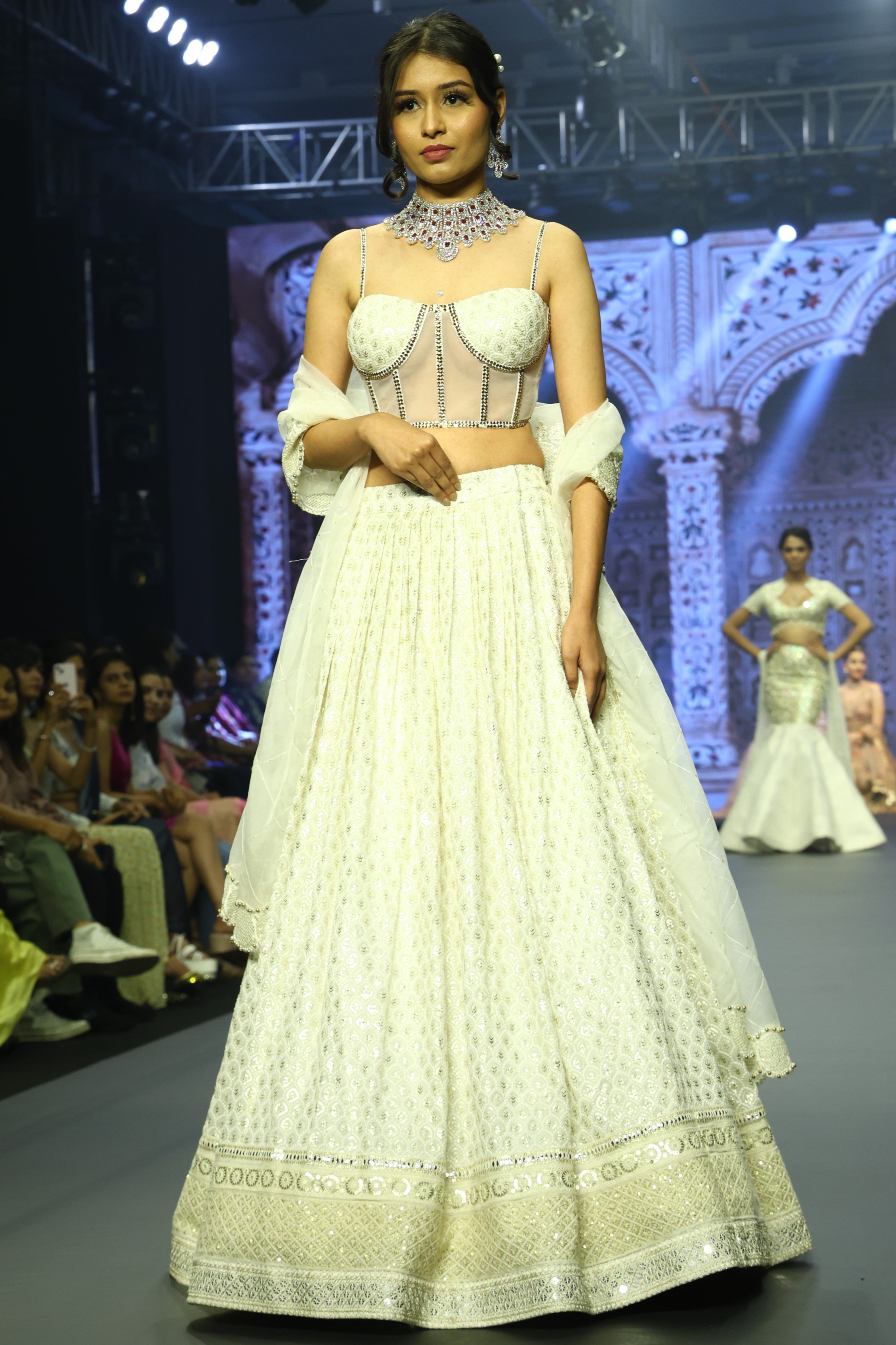 White embroidered corset lehenga set