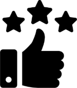 Black thumbs-up and star icon on a white background, resembling a satisfaction or approval symbol.