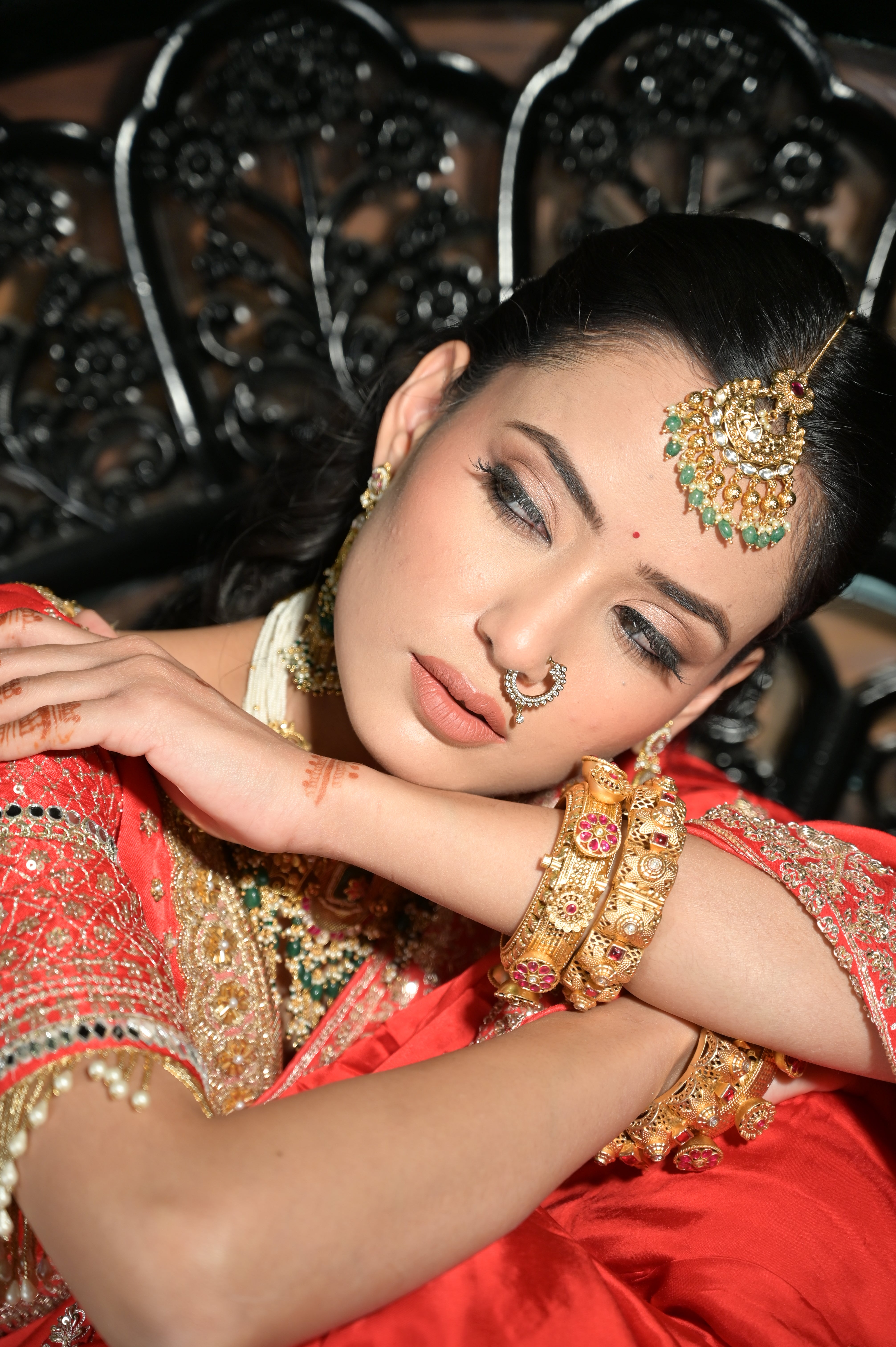 Red embroidered saree