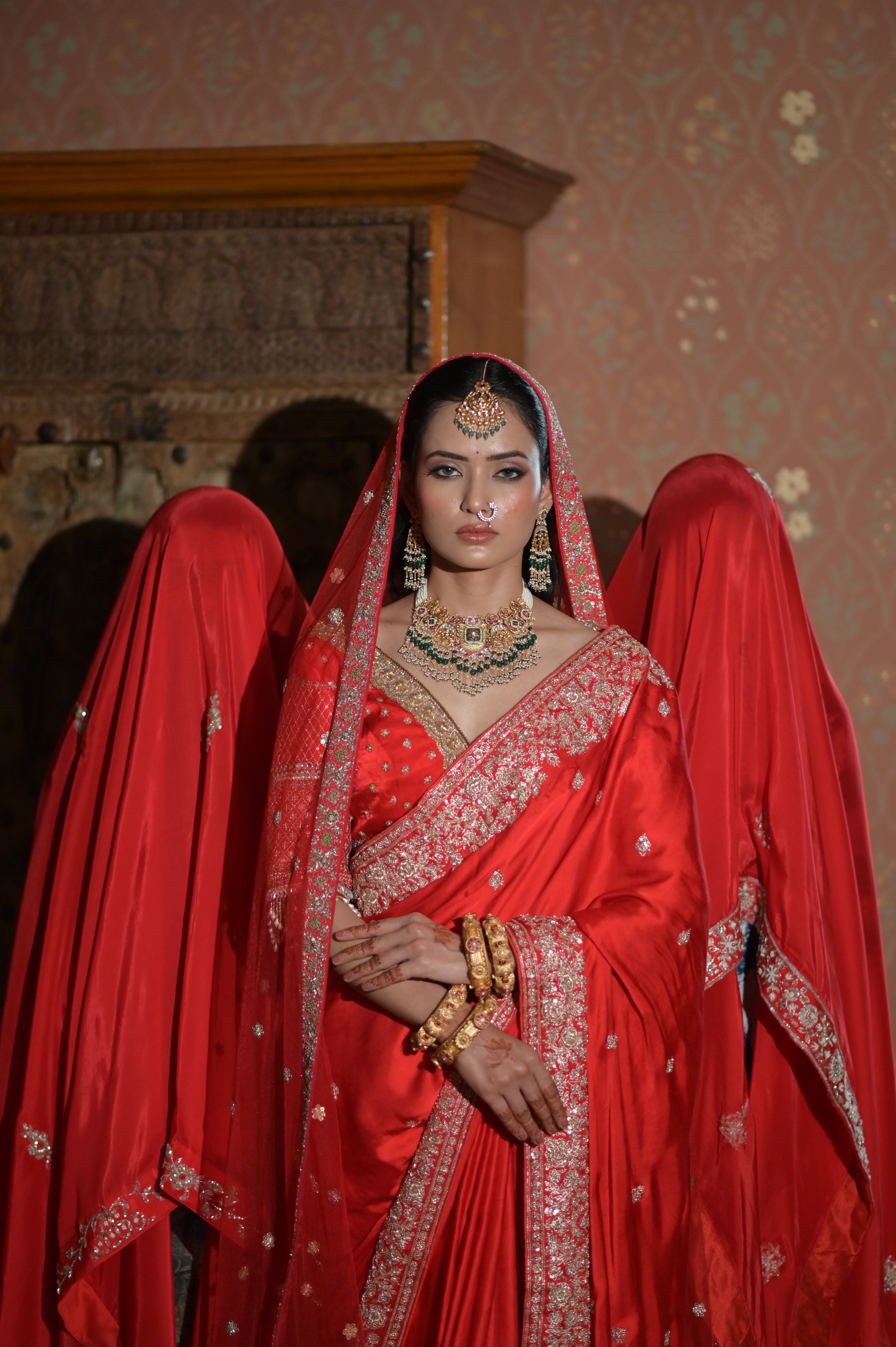 Red embroidered saree