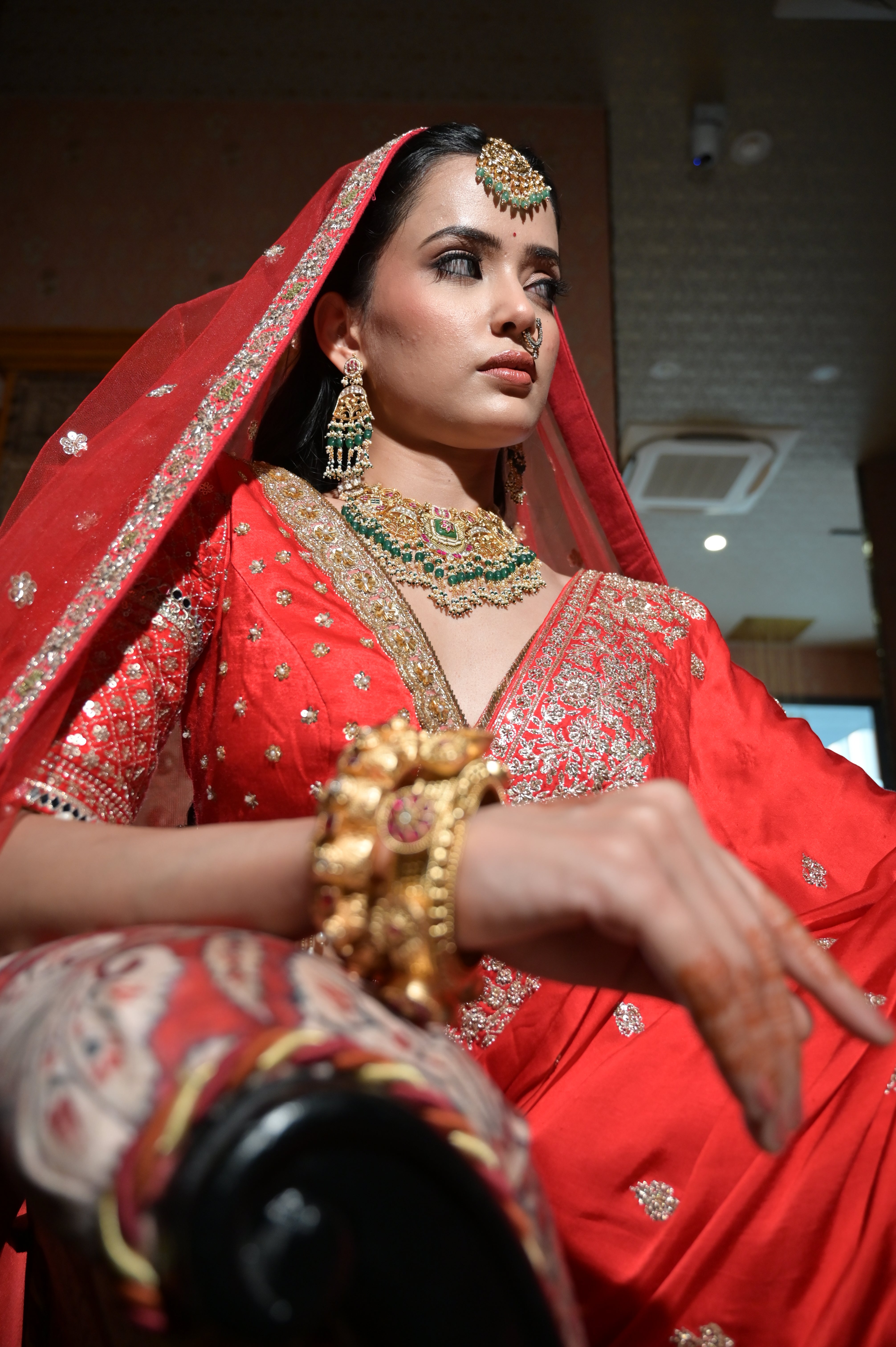 Red embroidered saree