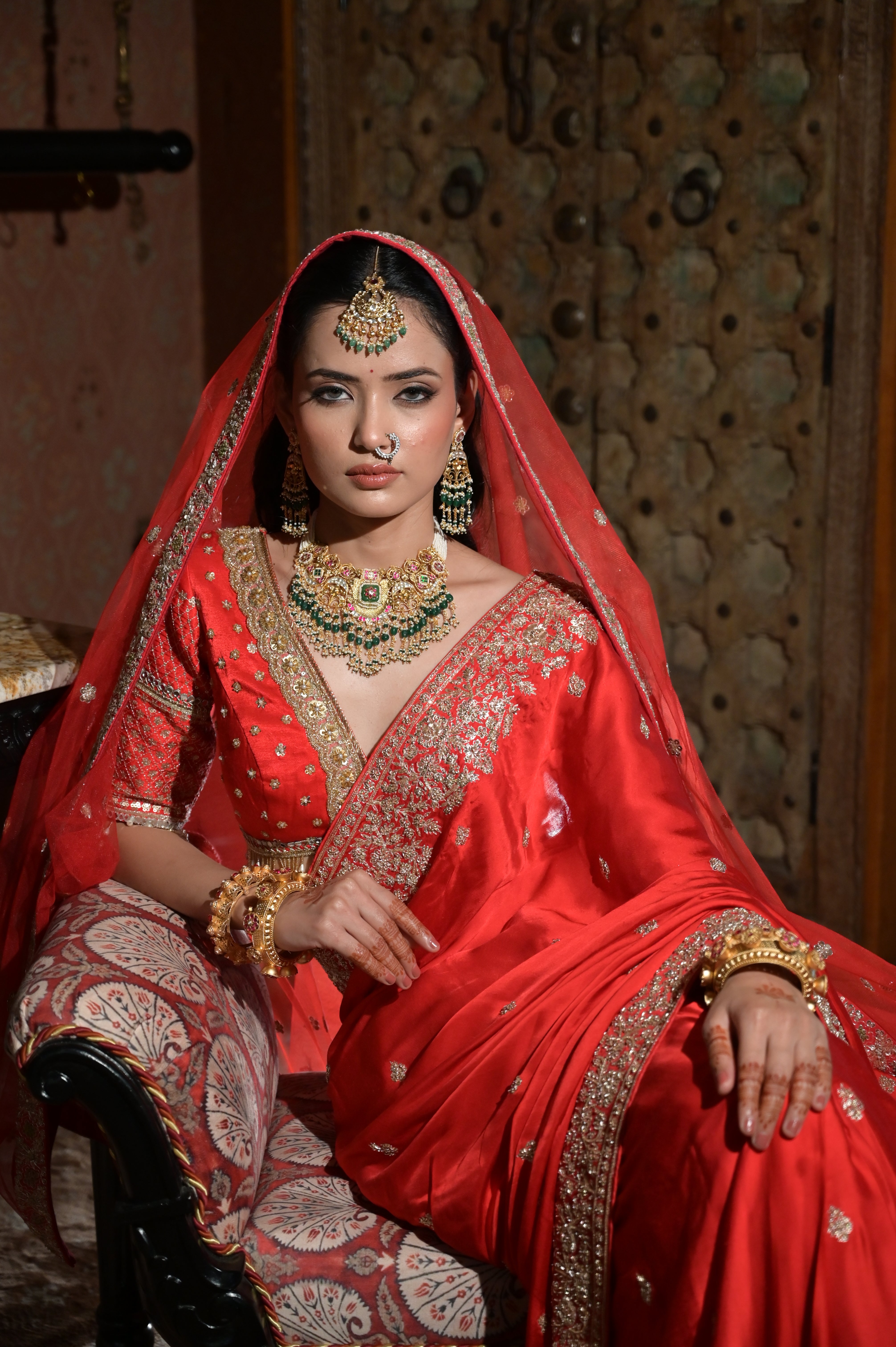 Red embroidered saree