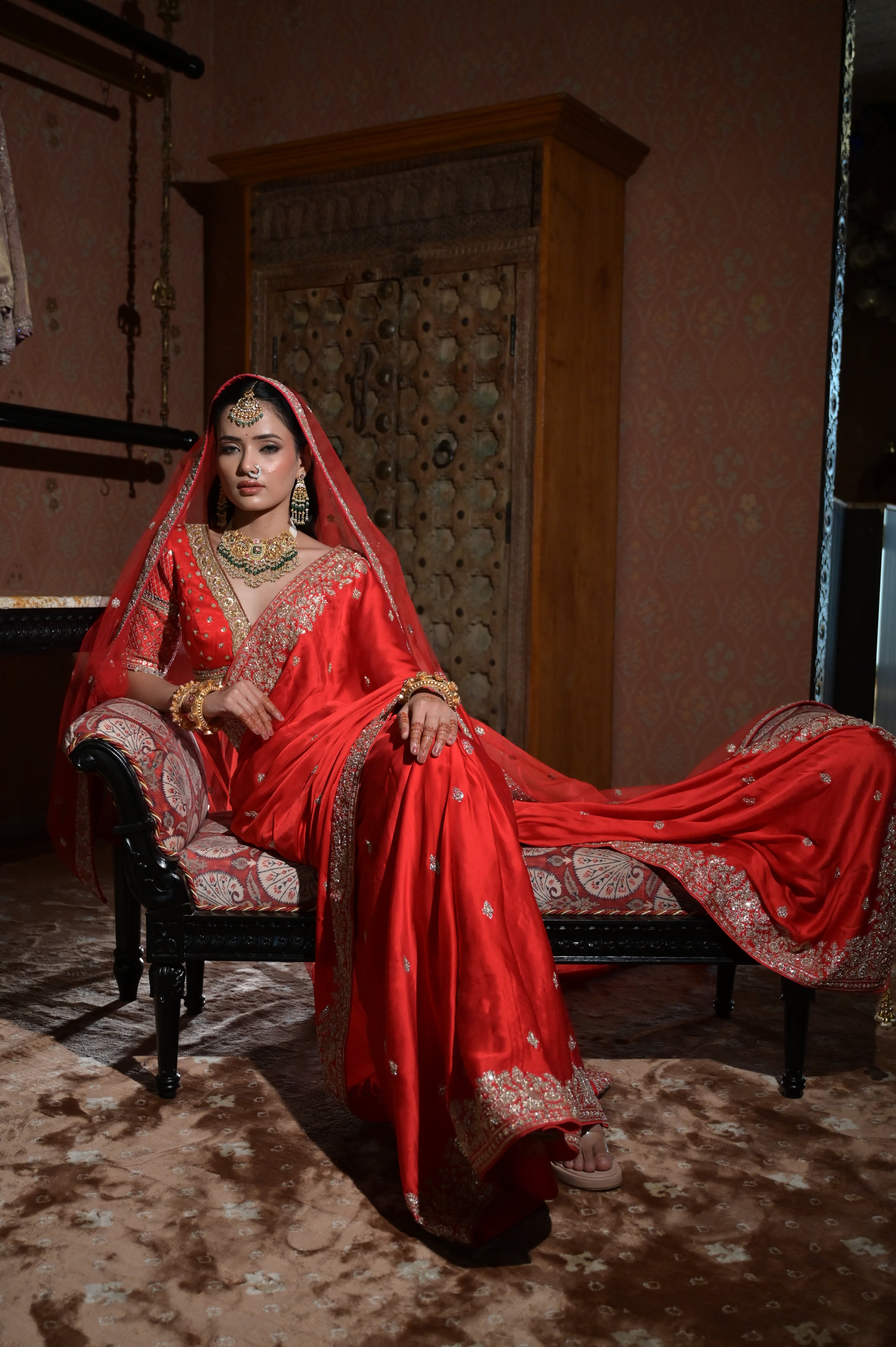 Red embroidered saree