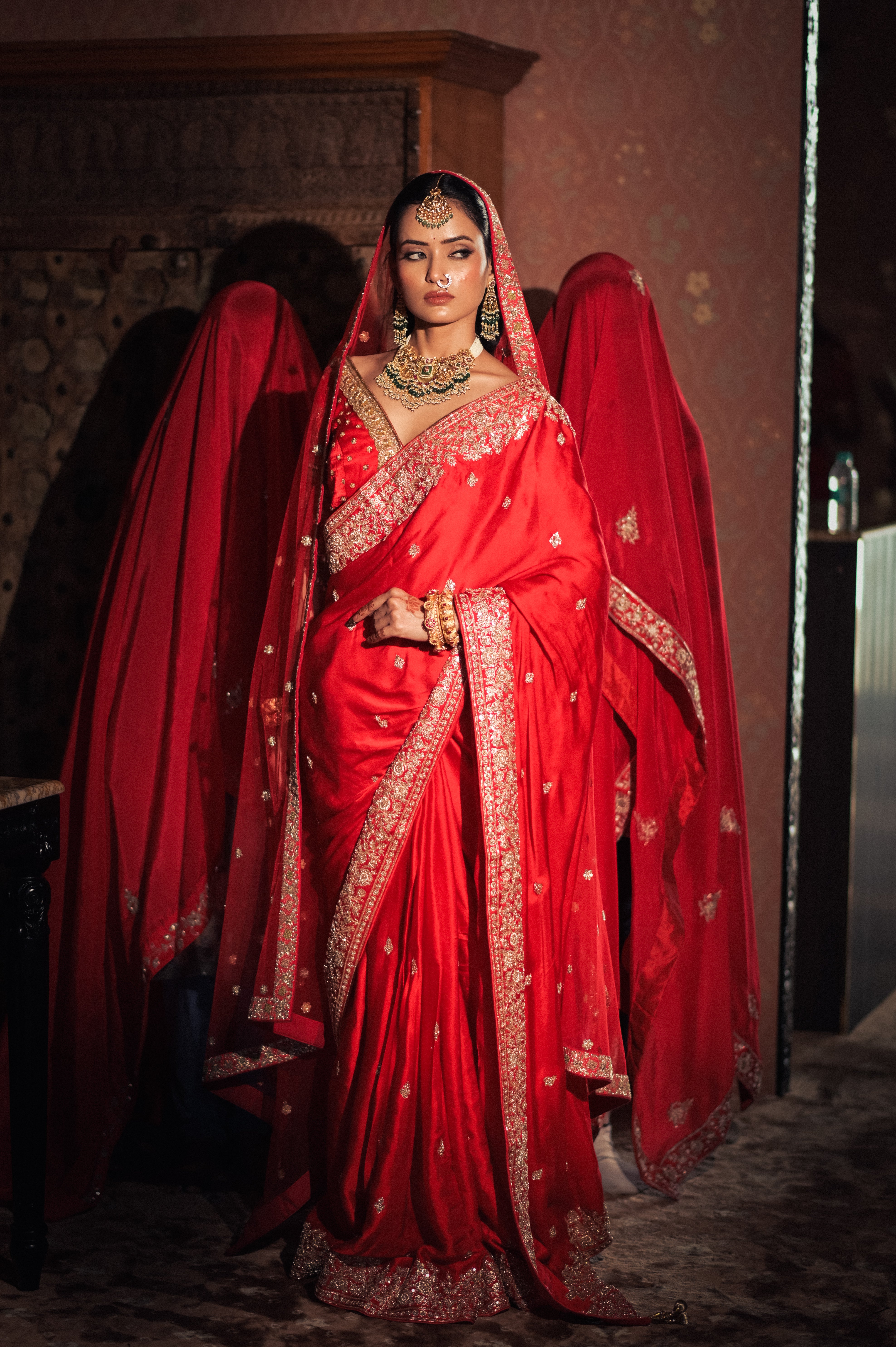 Red embroidered saree