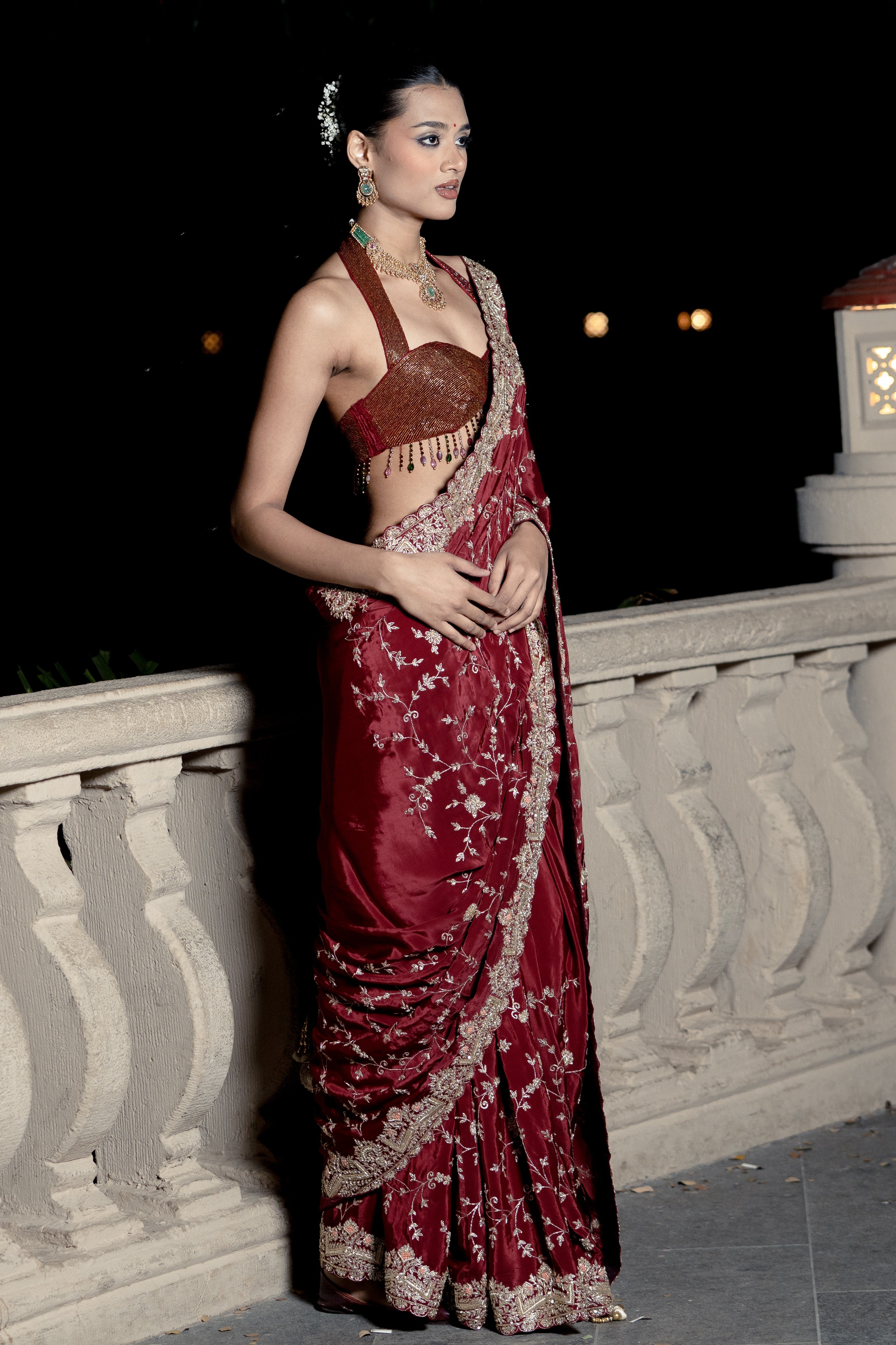 Maroon embroidered saree