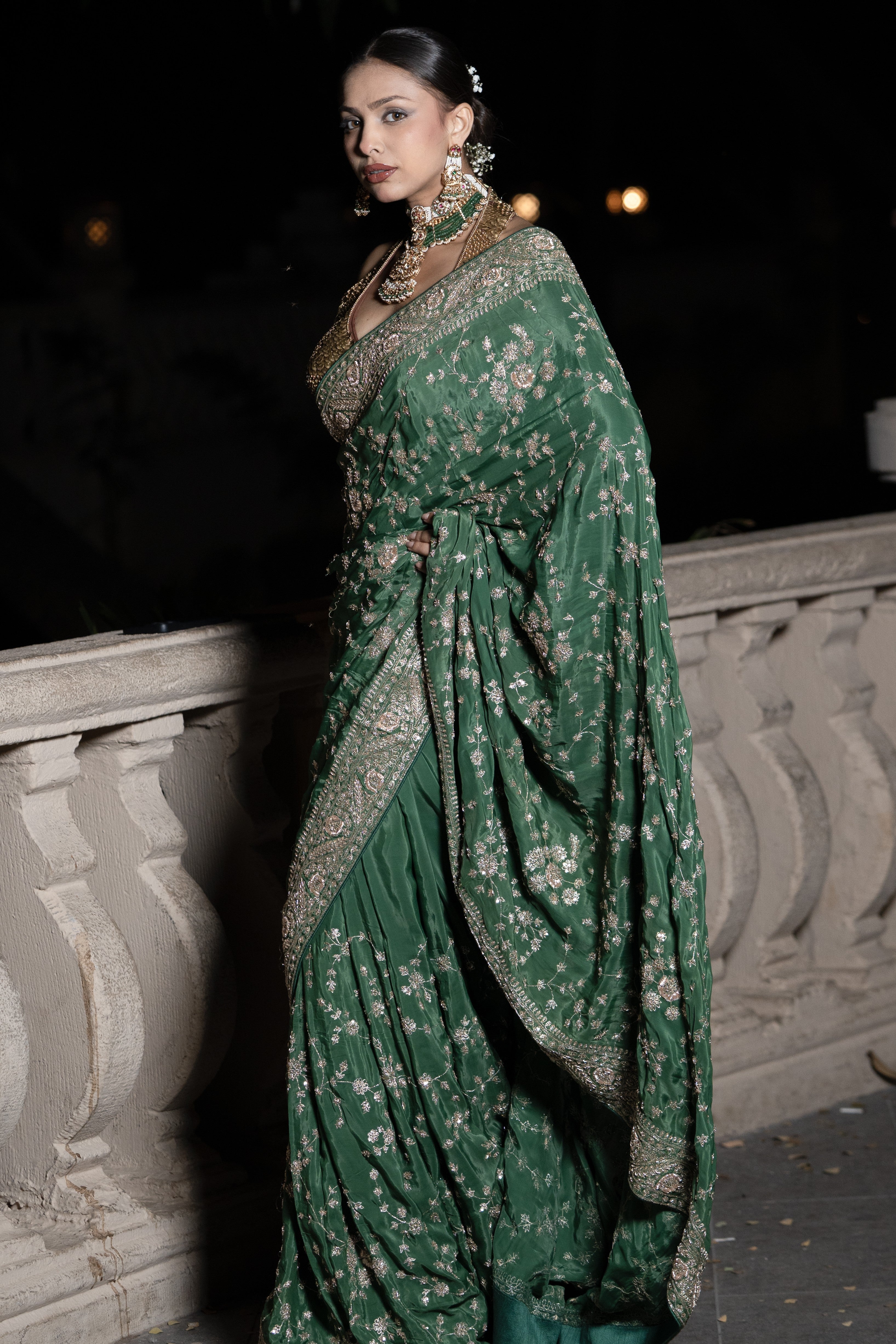 Green embroidered saree