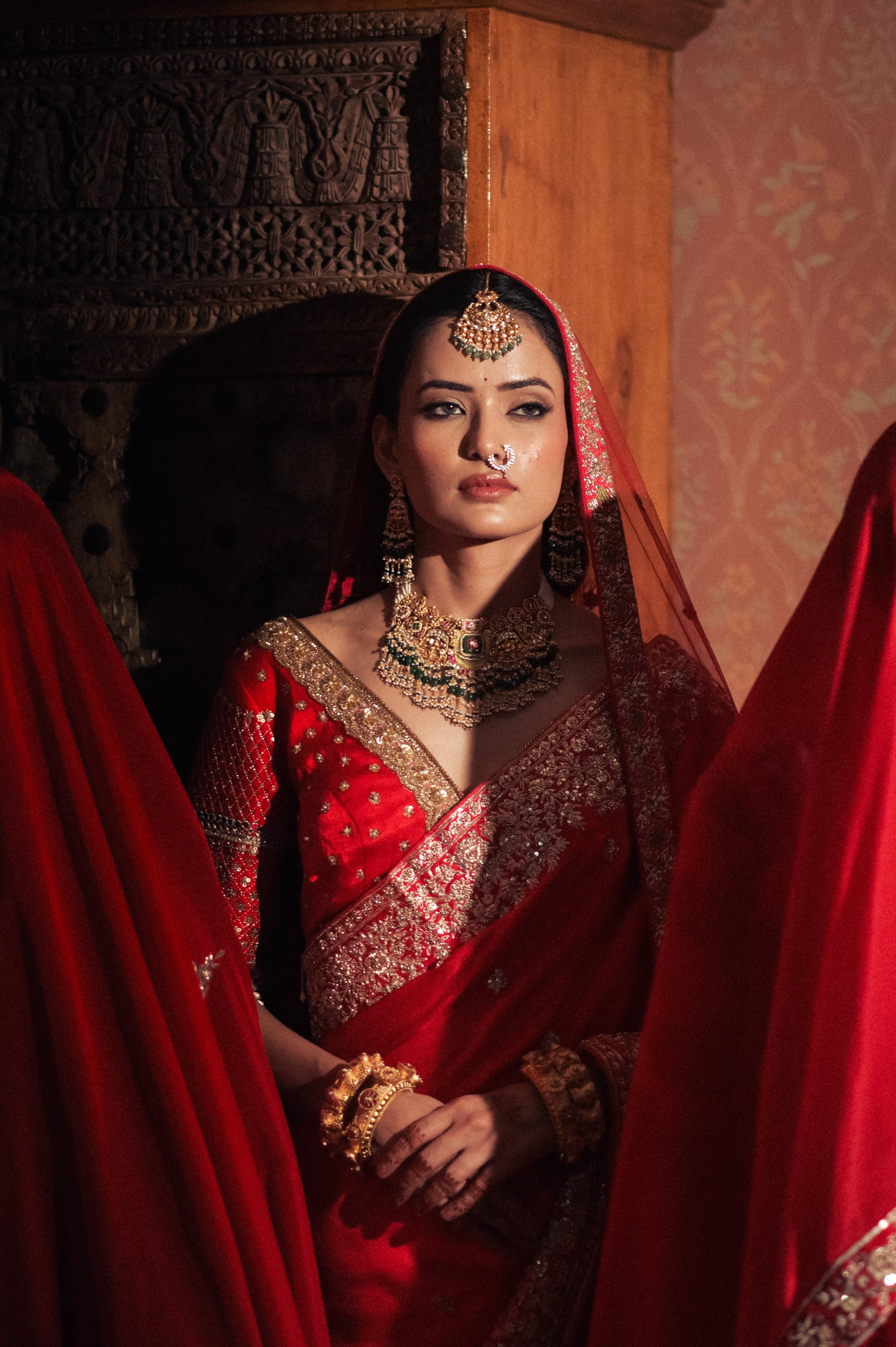 Red embroidered saree