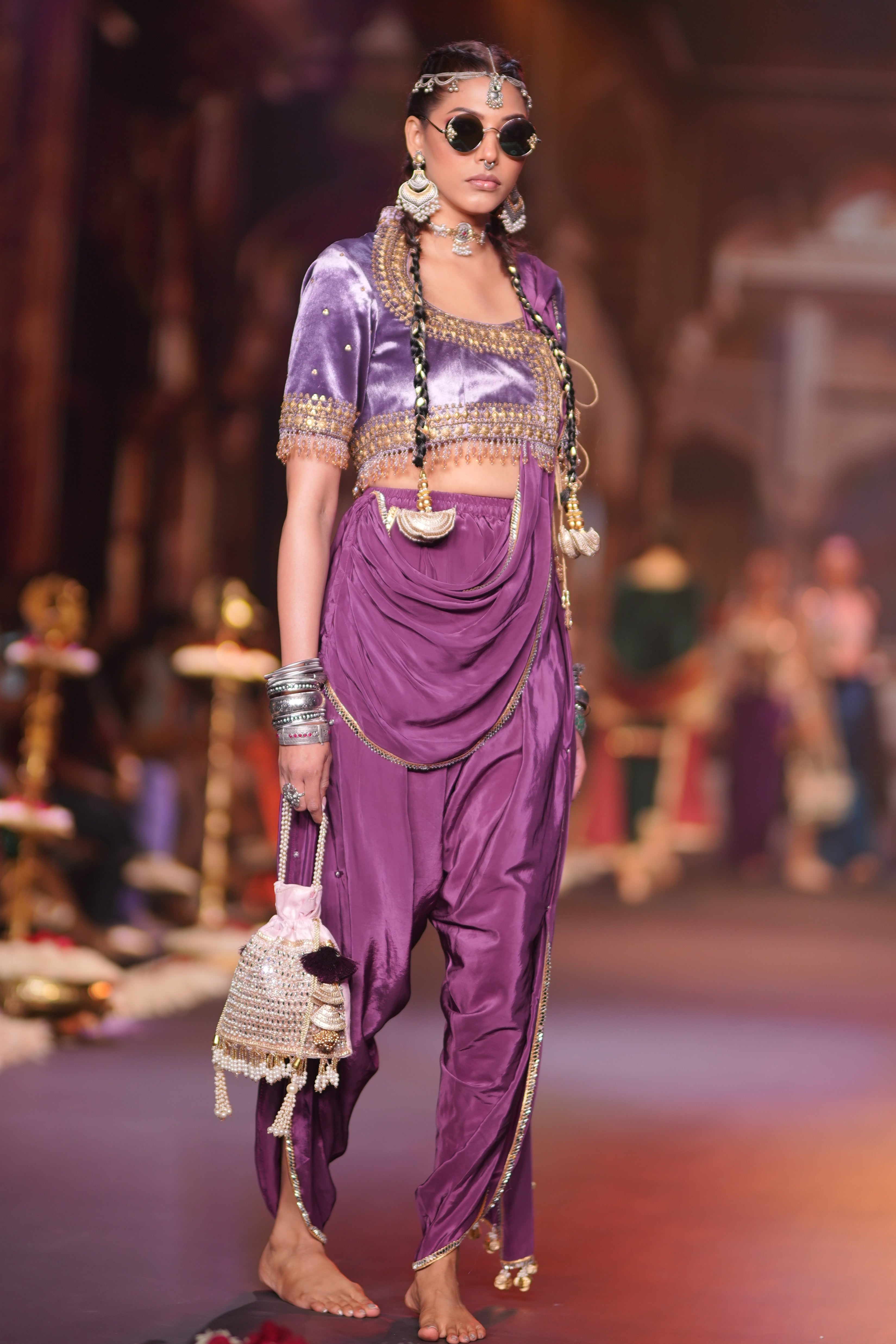 Lilac dhoti drape style two- piece set