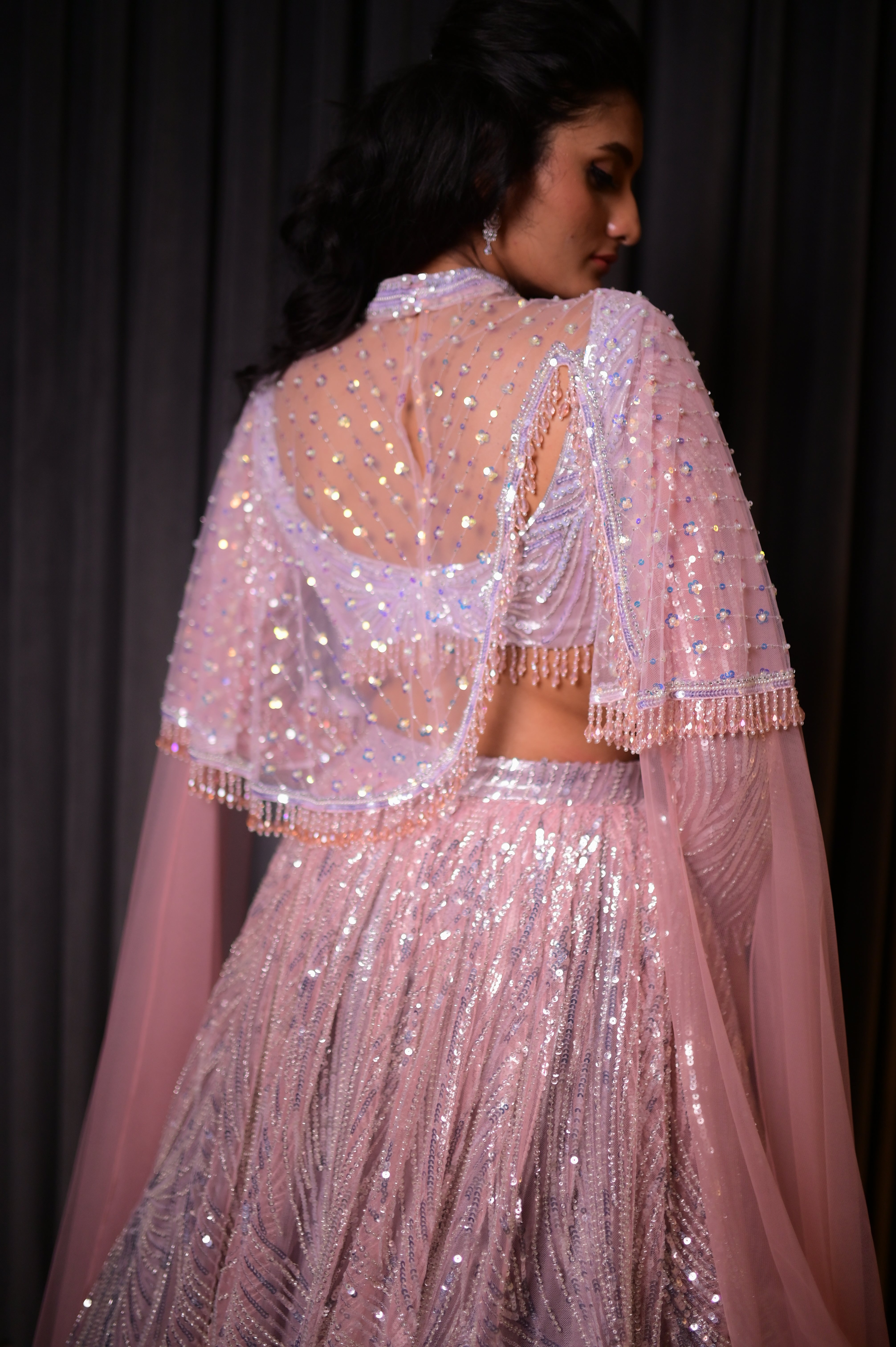 Pink sequin lehenga set with cape jacket