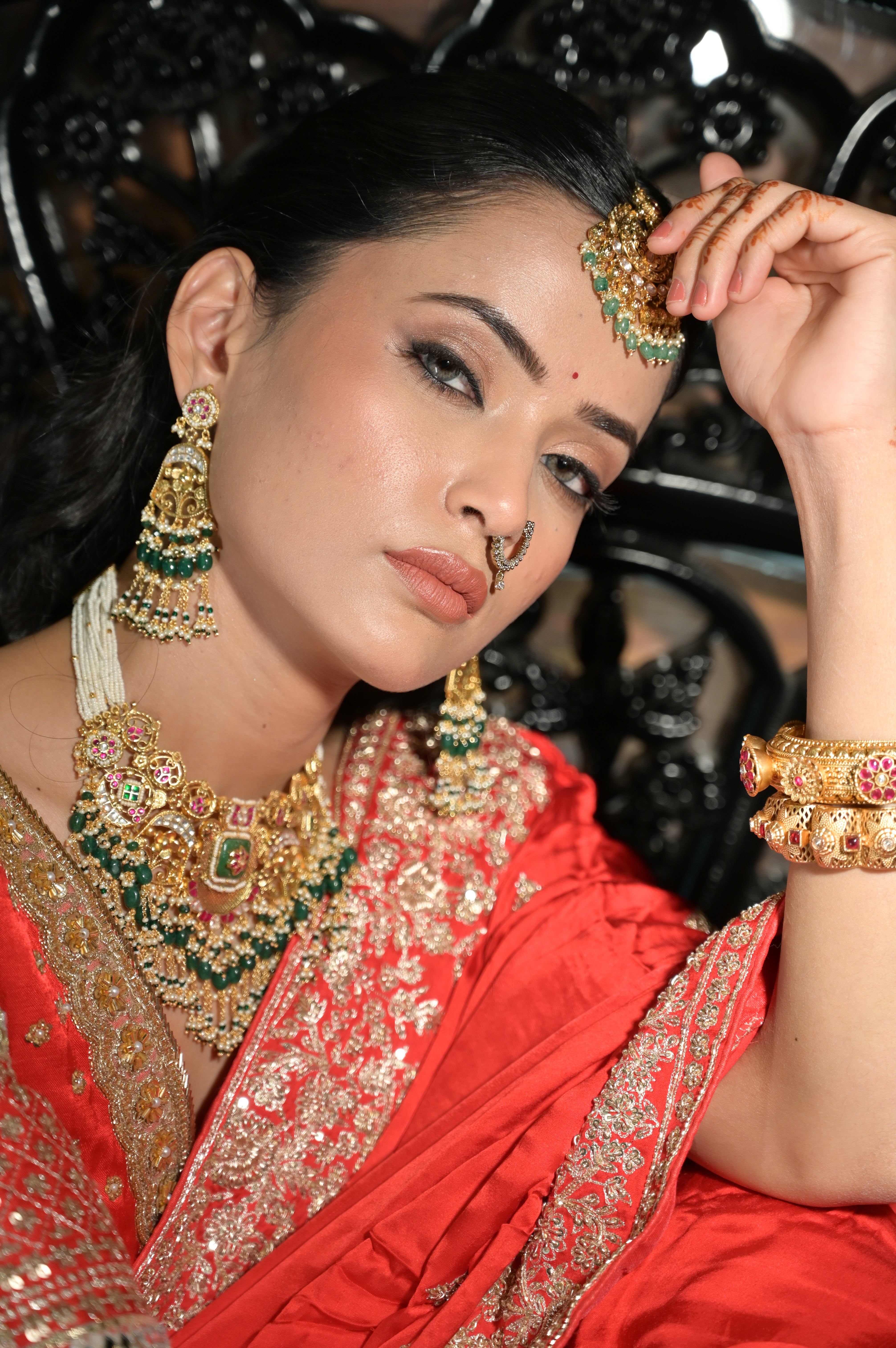 Red embroidered saree