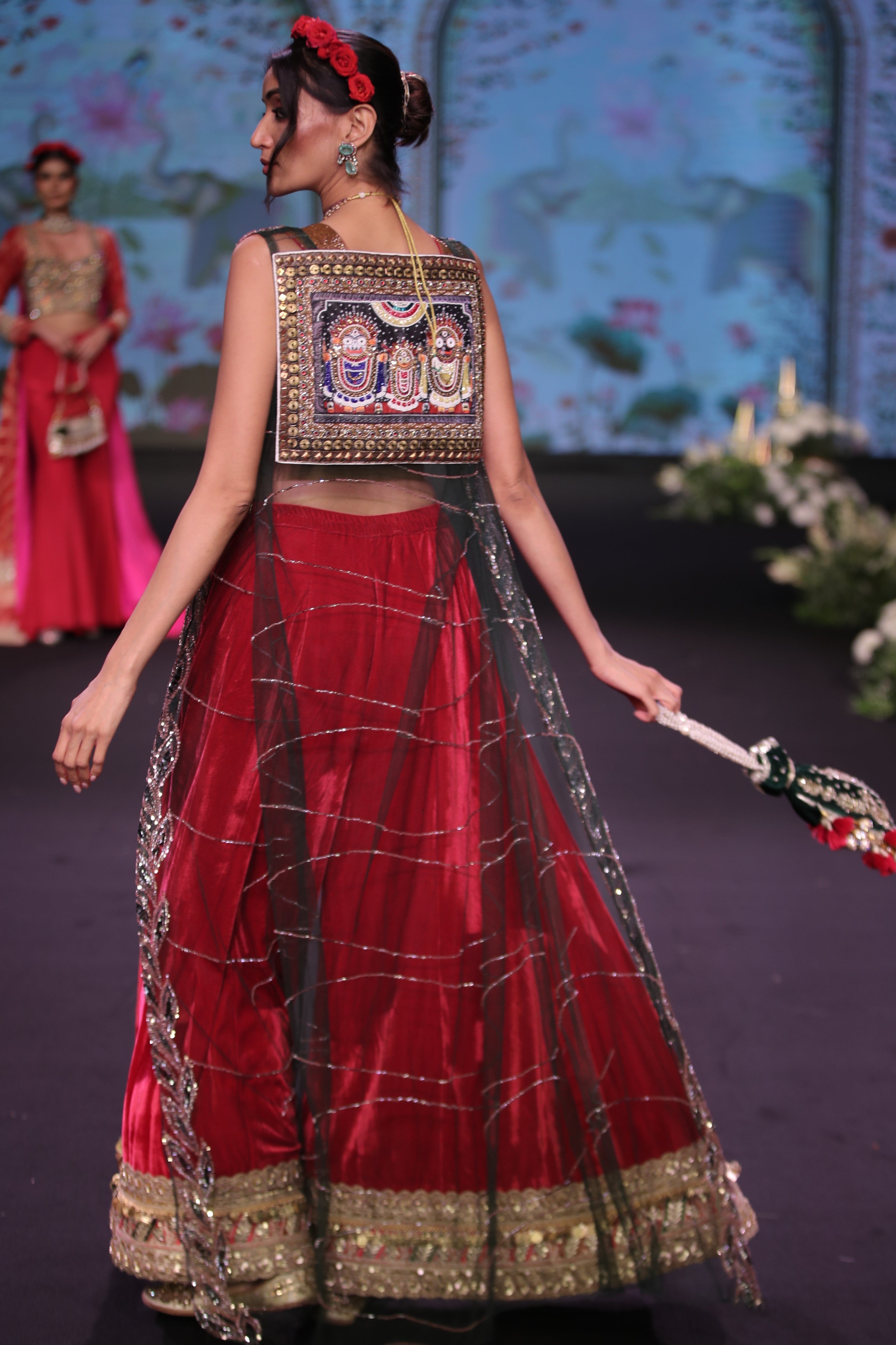 Red palazzo set and cape with jaganath embroidered print