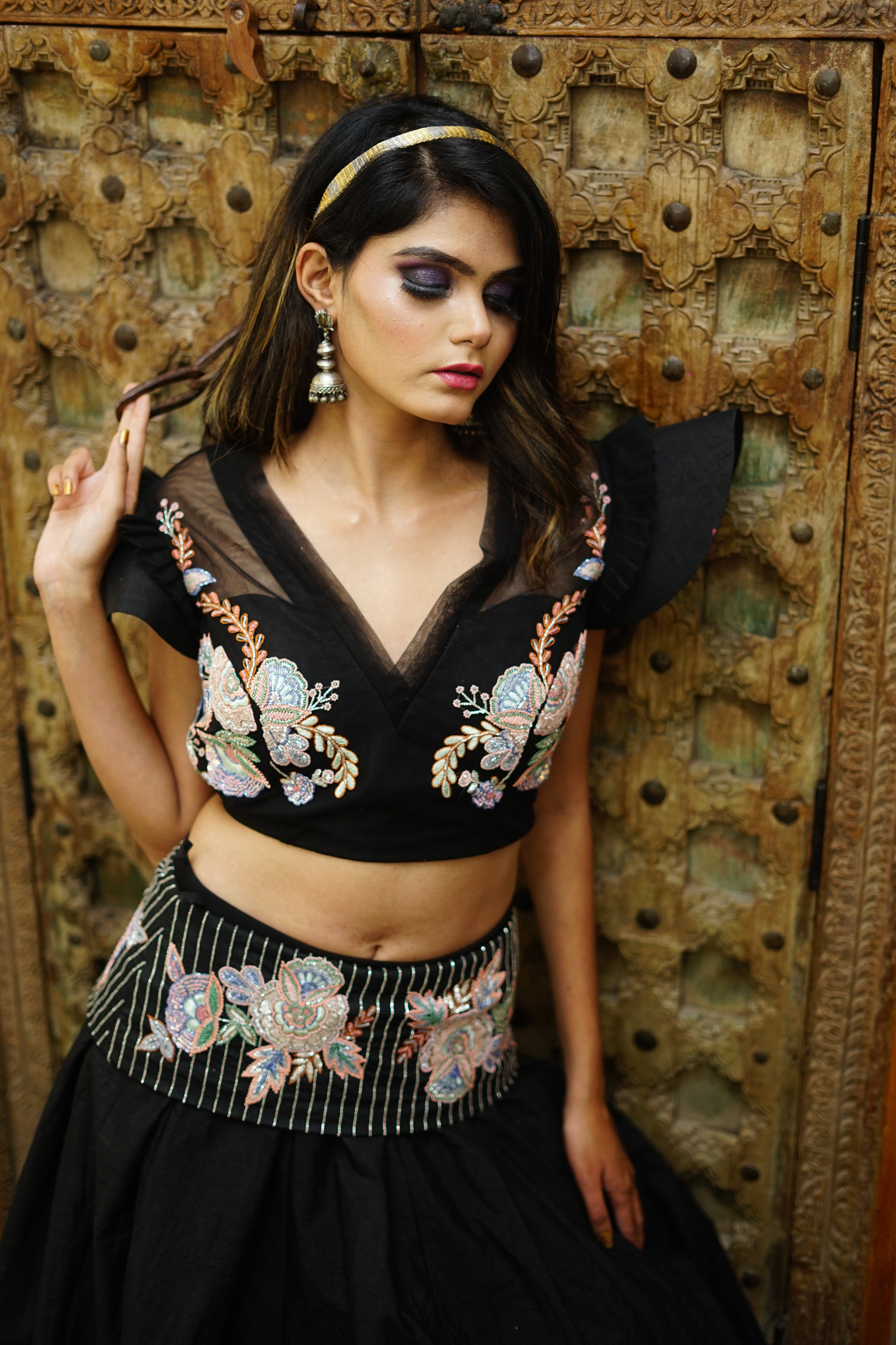Black cutdana embroidery lehenga set