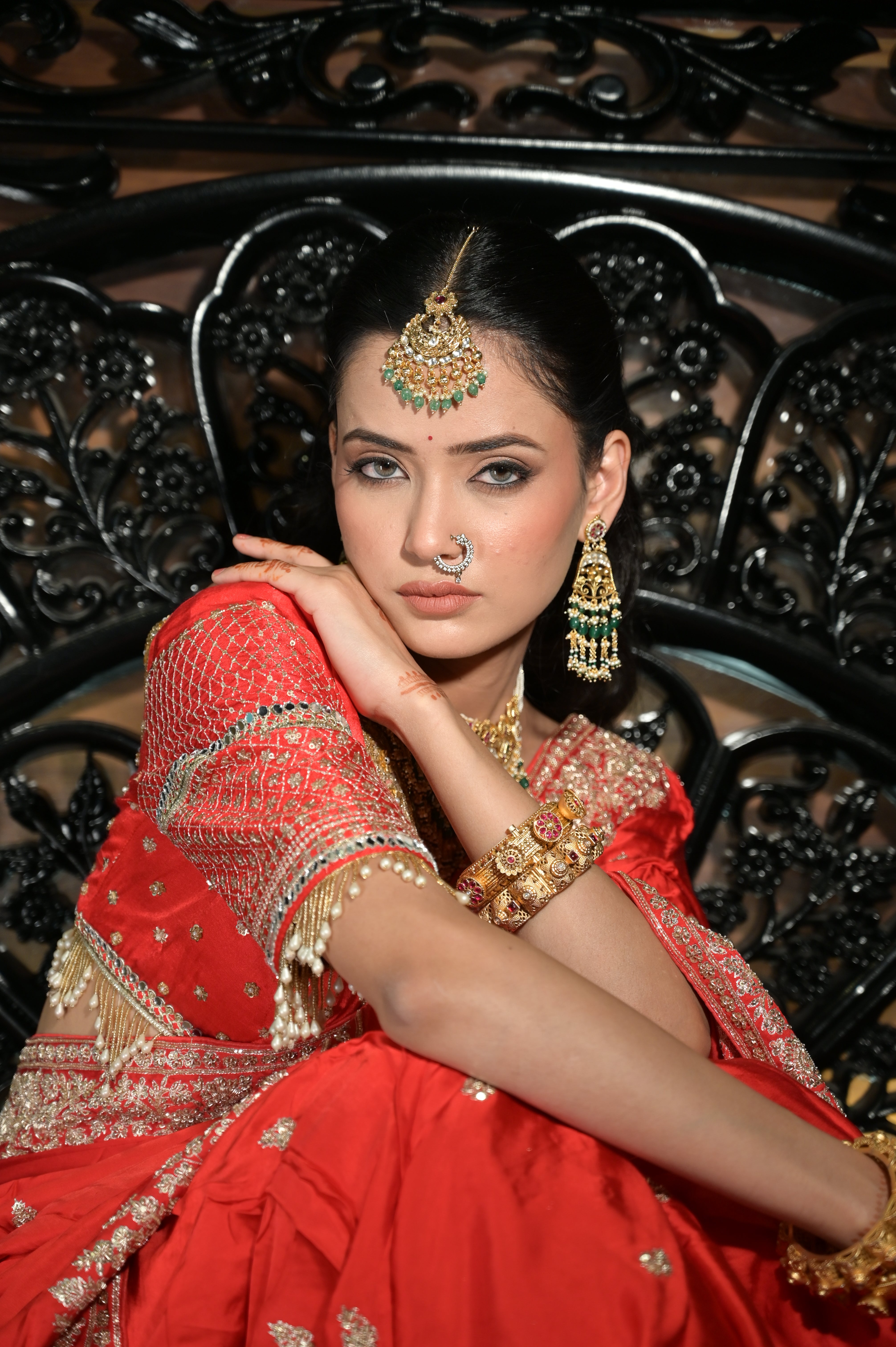 Red embroidered saree