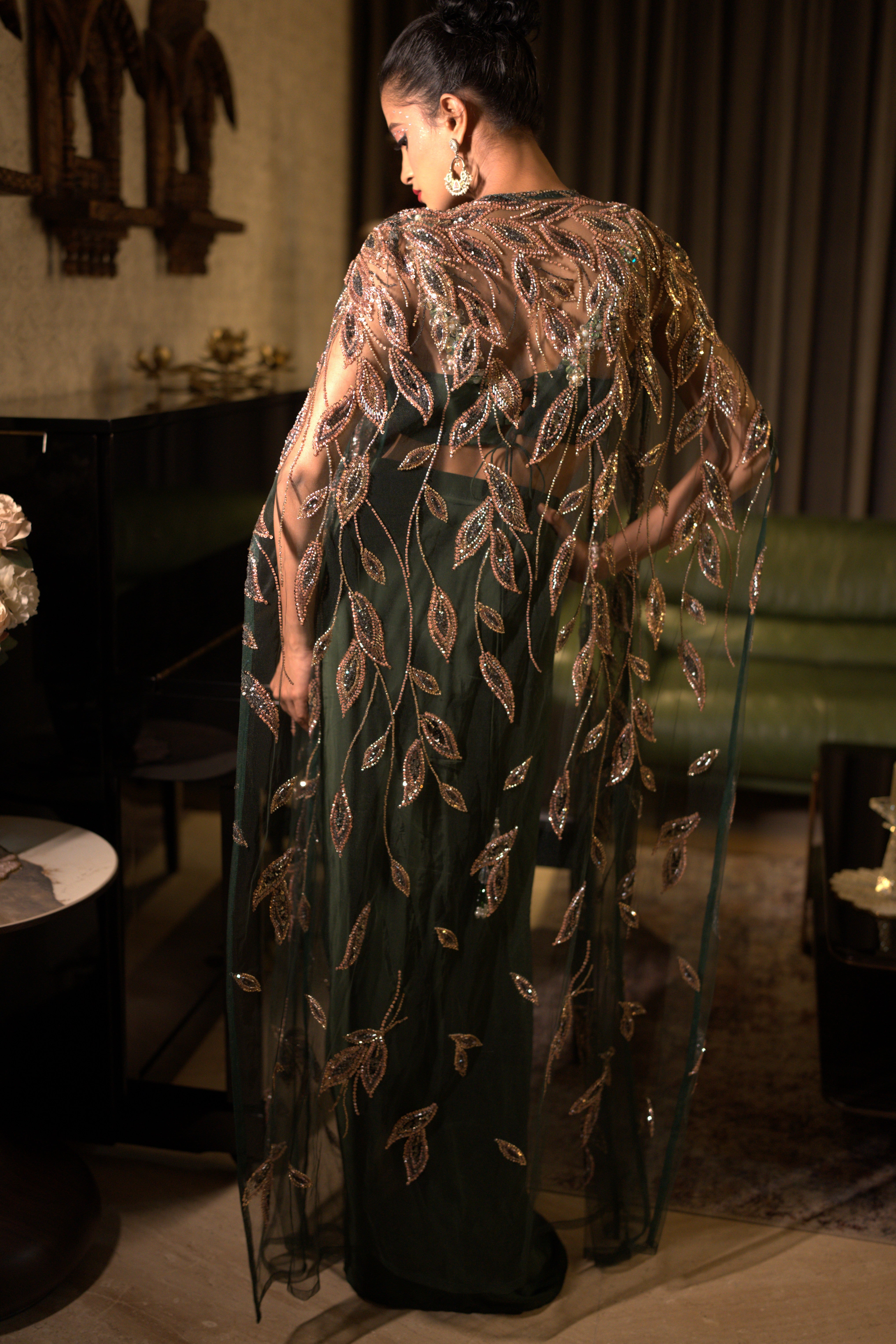 Bottle green embroidered three- piece set with long cape