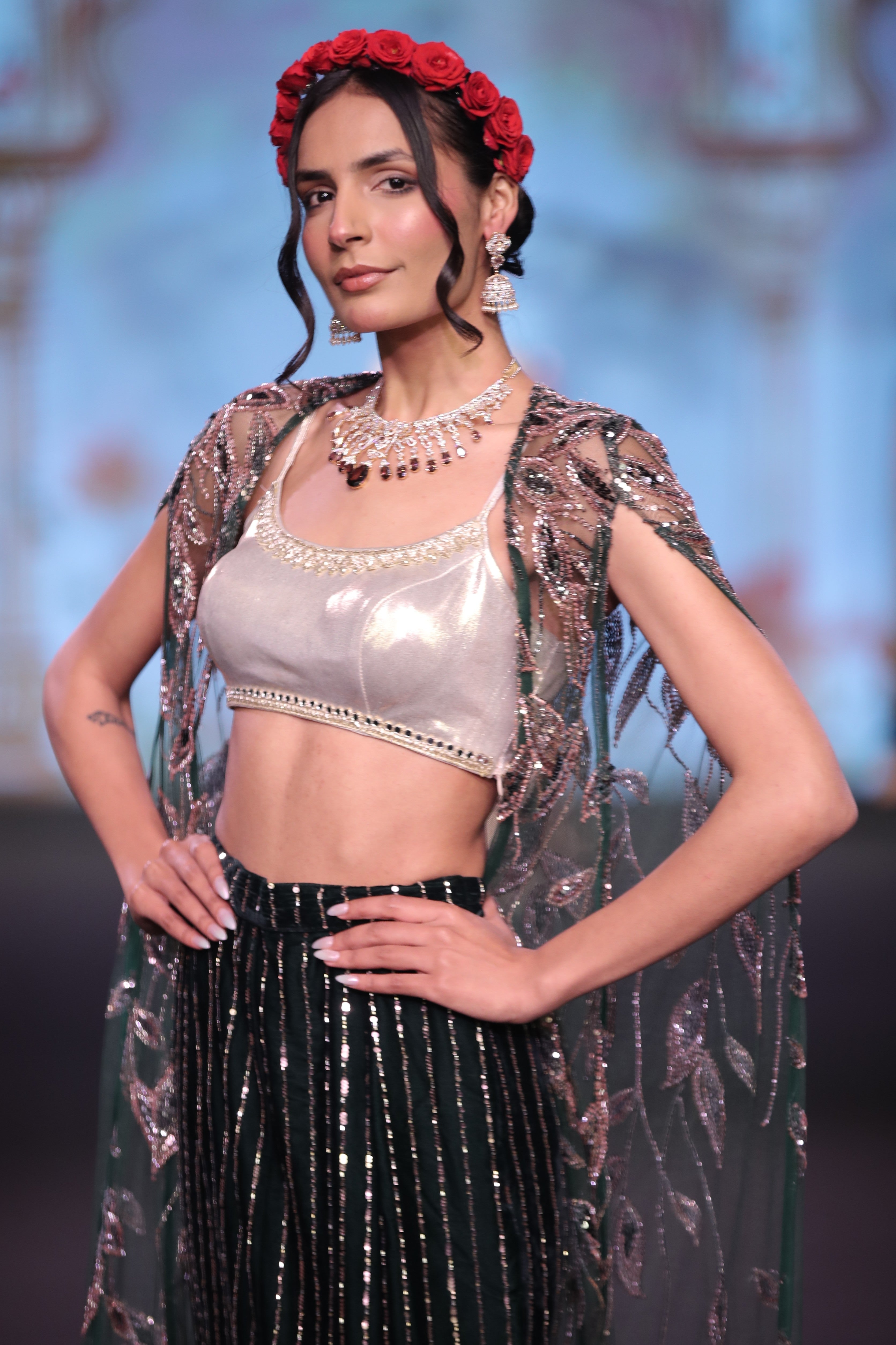 Two toned cutdana embroidered three- piece set