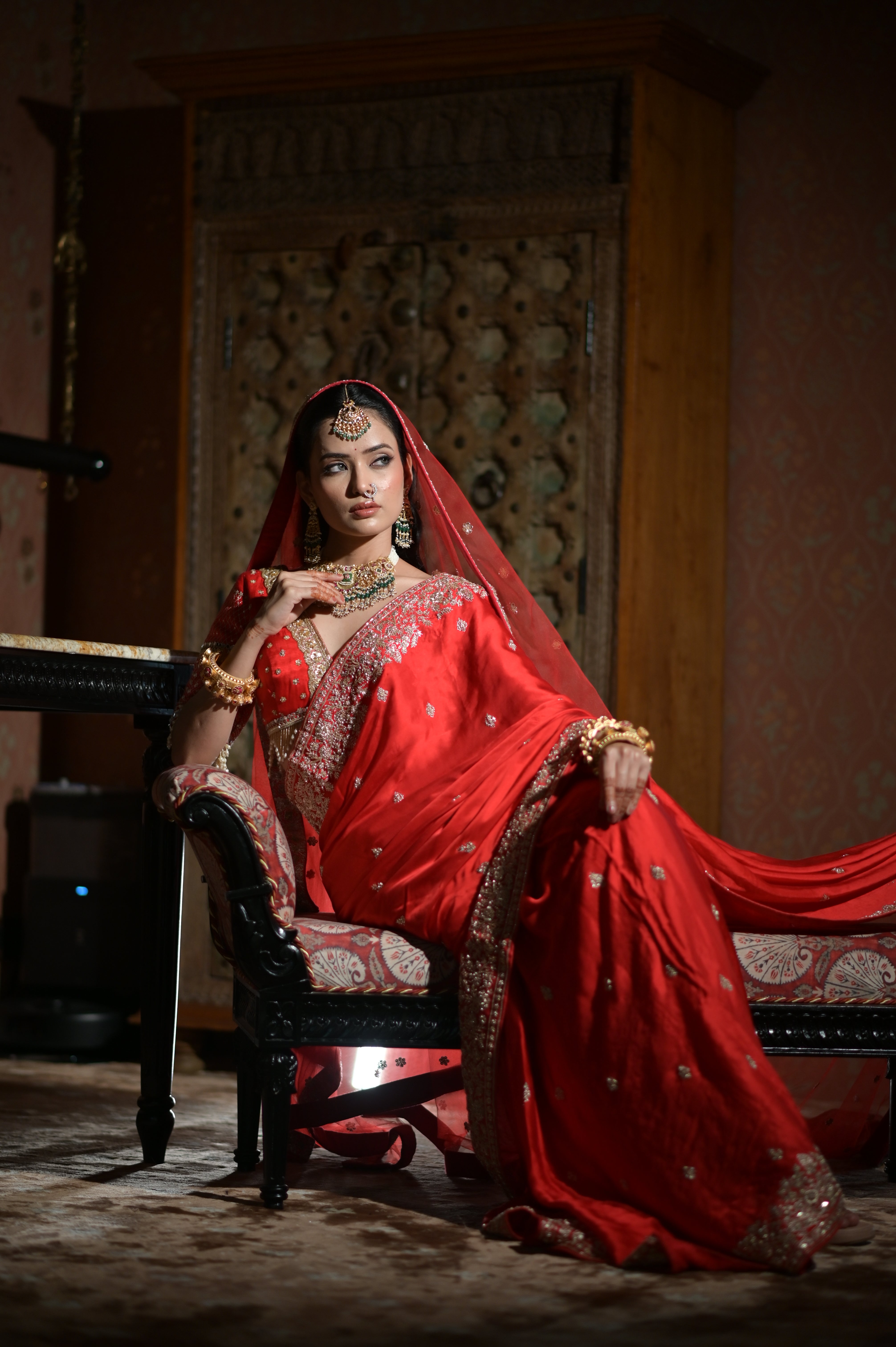Red embroidered saree