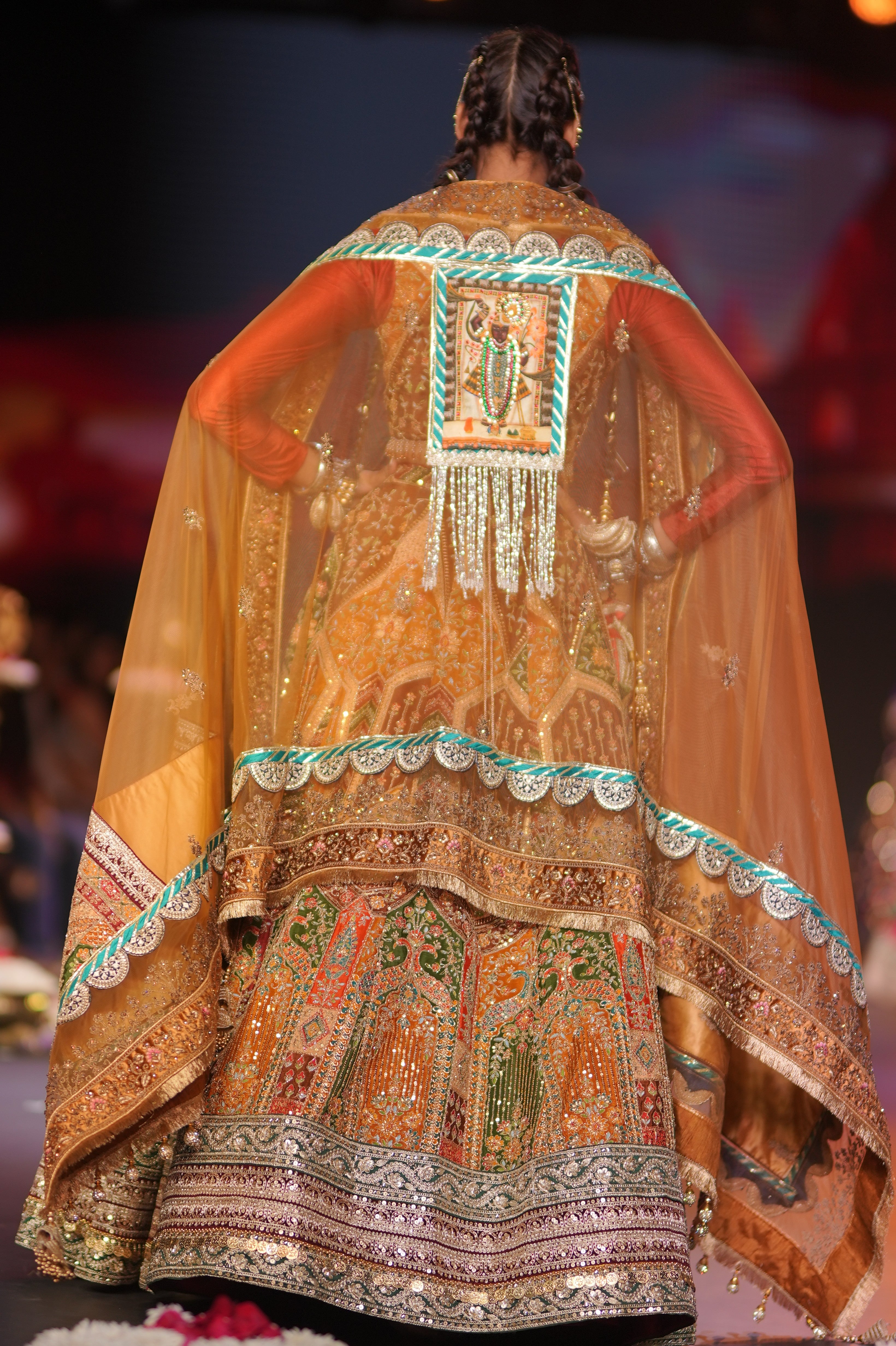 Dual tone red and multi color embroidered lehenga set