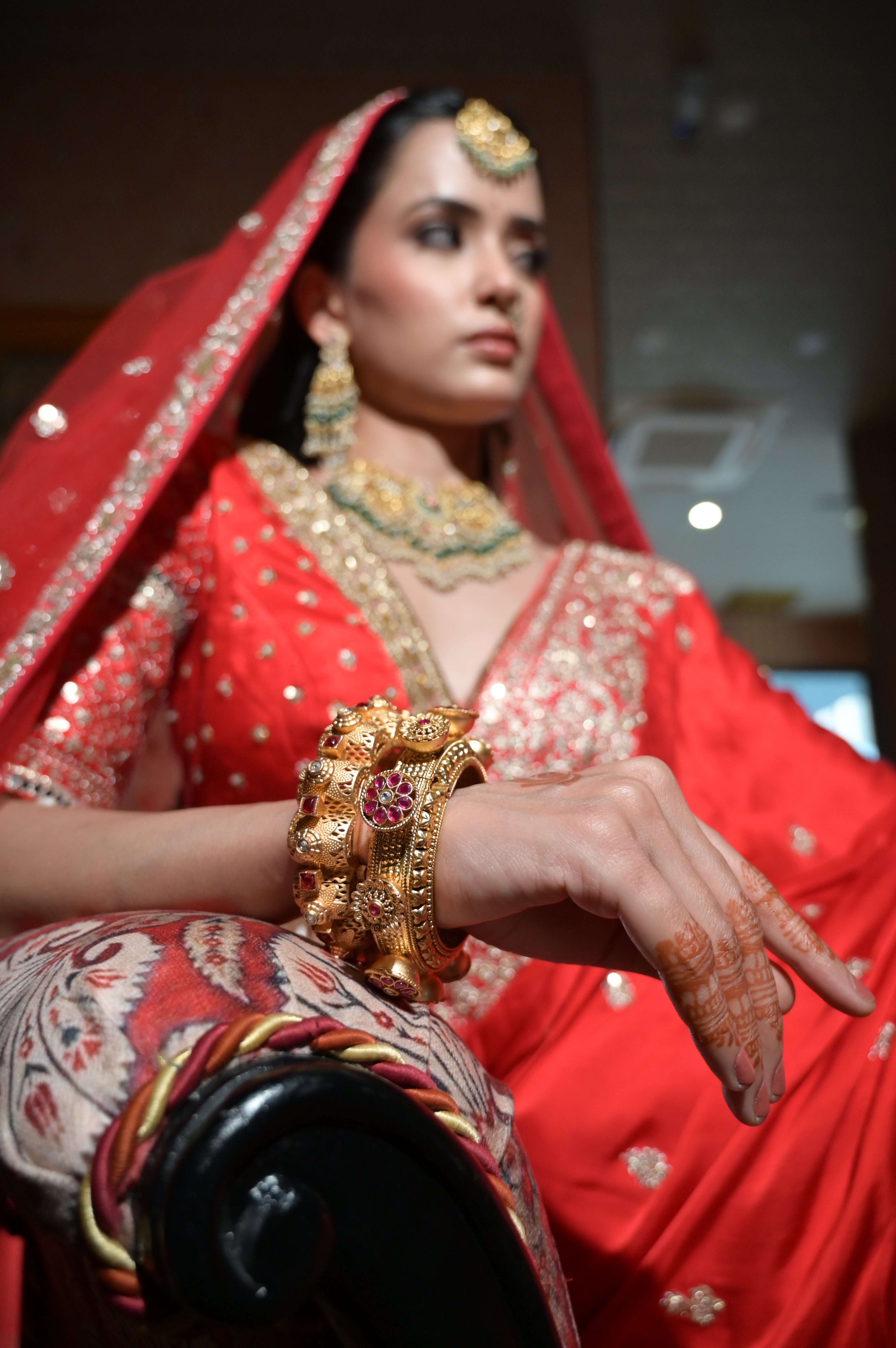 Red embroidered saree