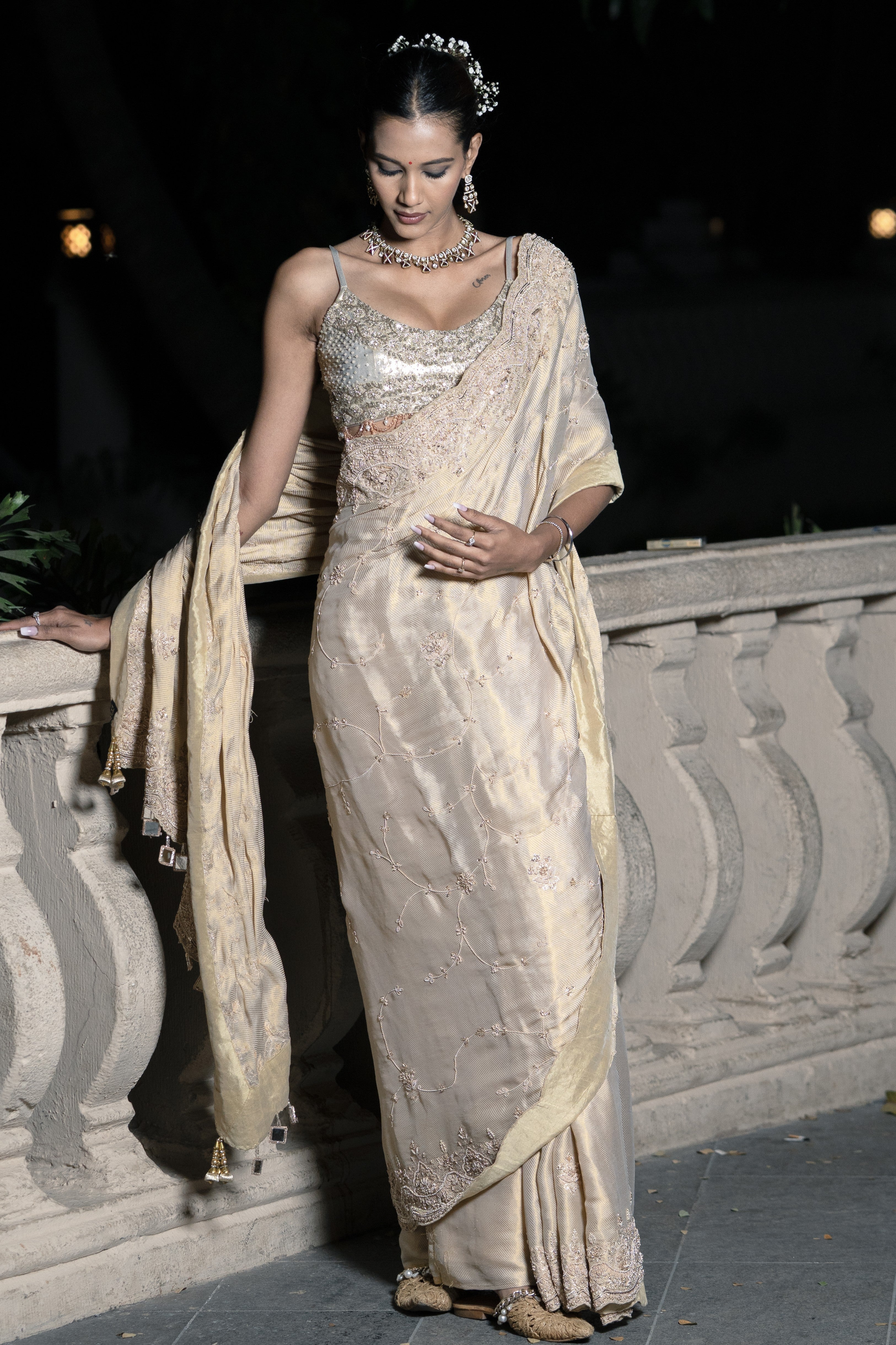 Yellow tissue embroidered saree