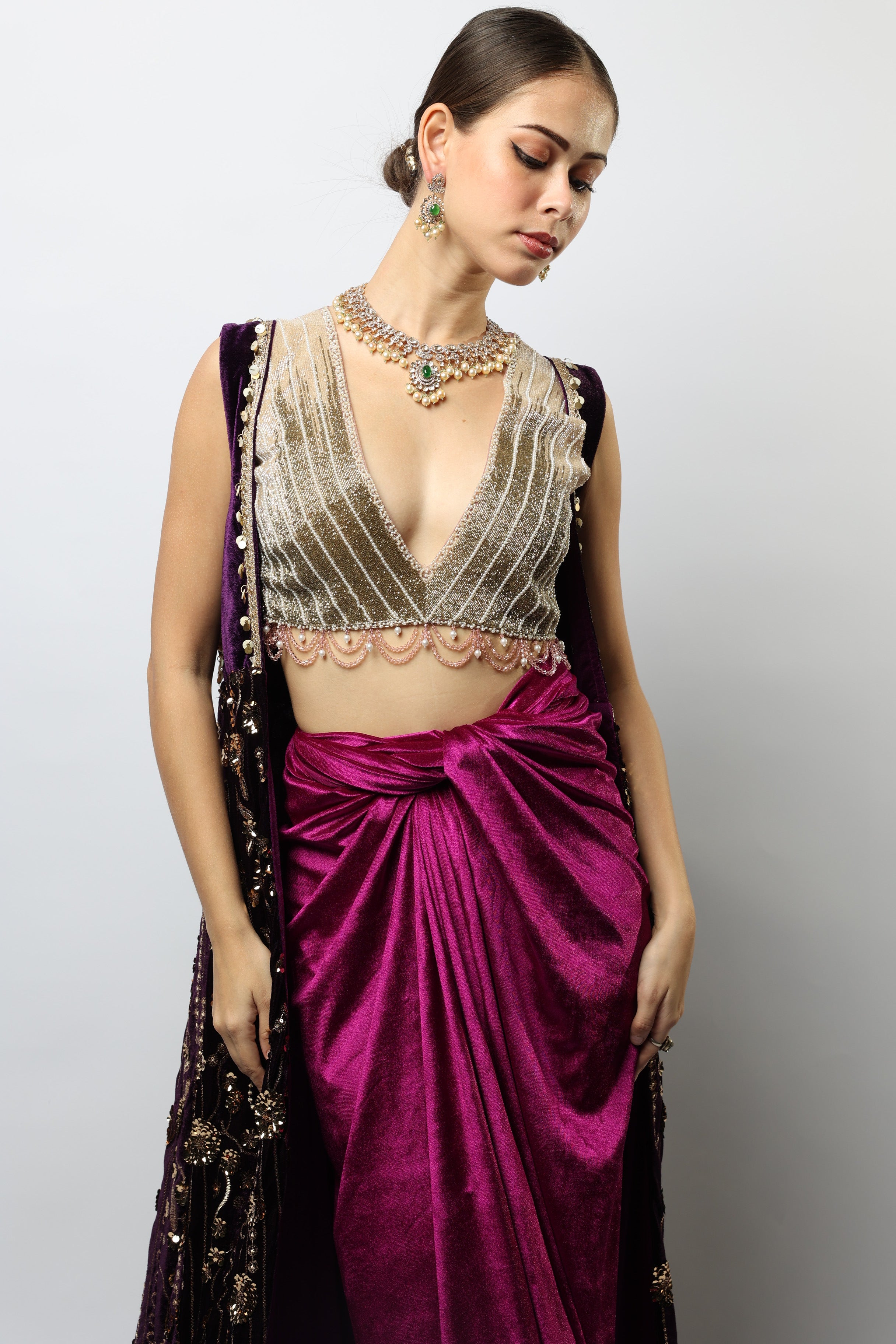Two toned purple and light gold embroidered three – piece set