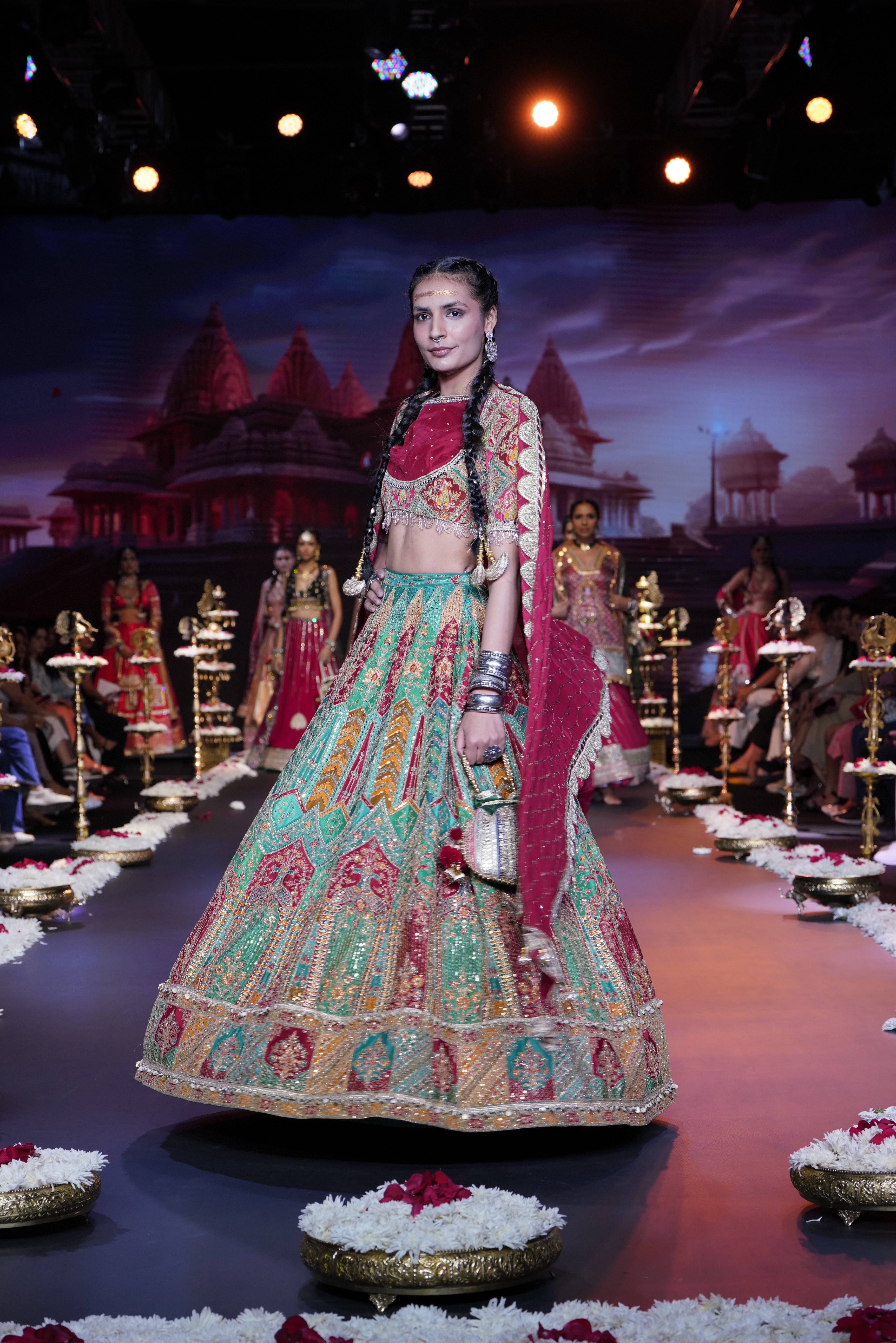 Red- Multi color raw silk embroidered lehenga set