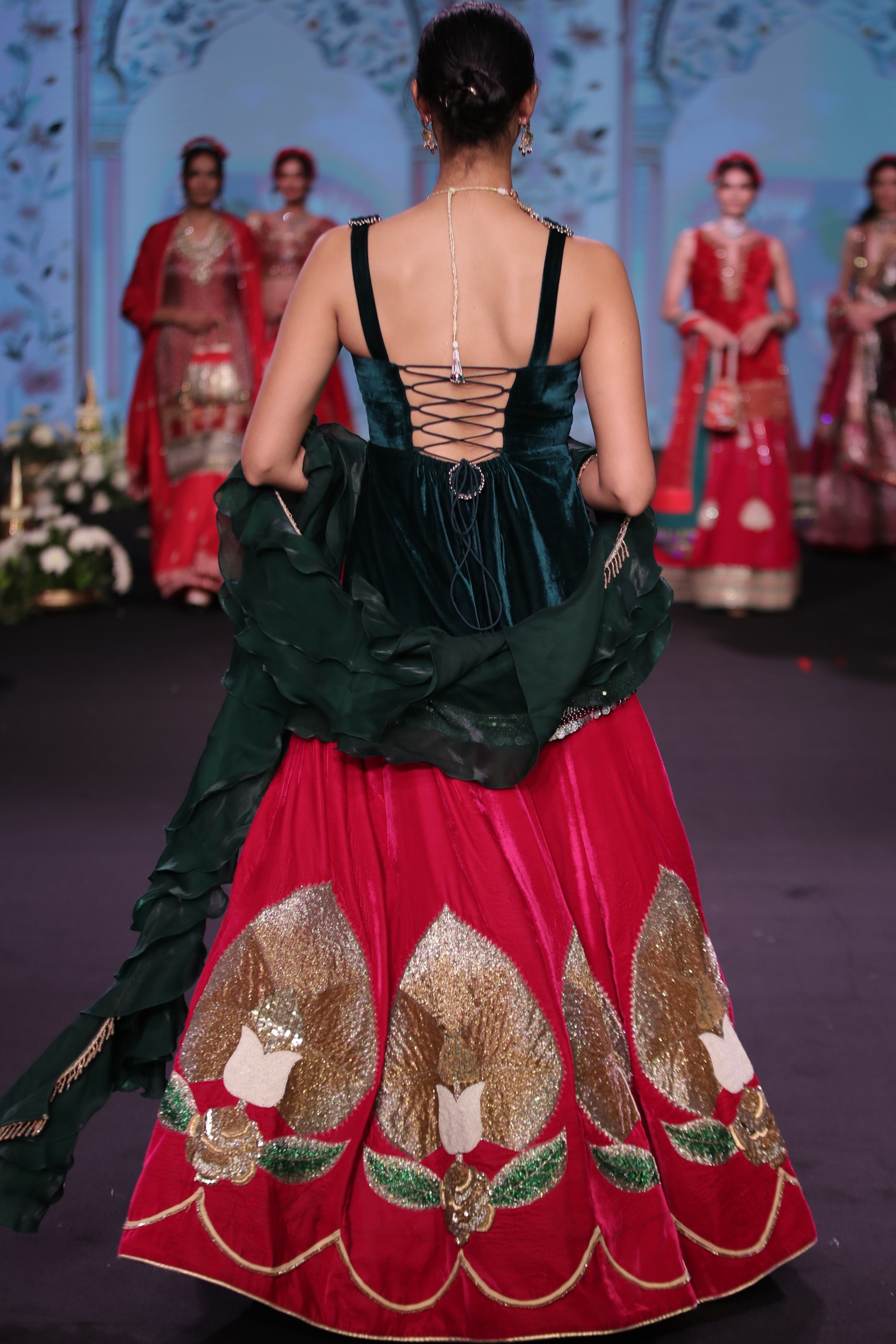 Dual tone green and pink ram mandir inspired lehenga set