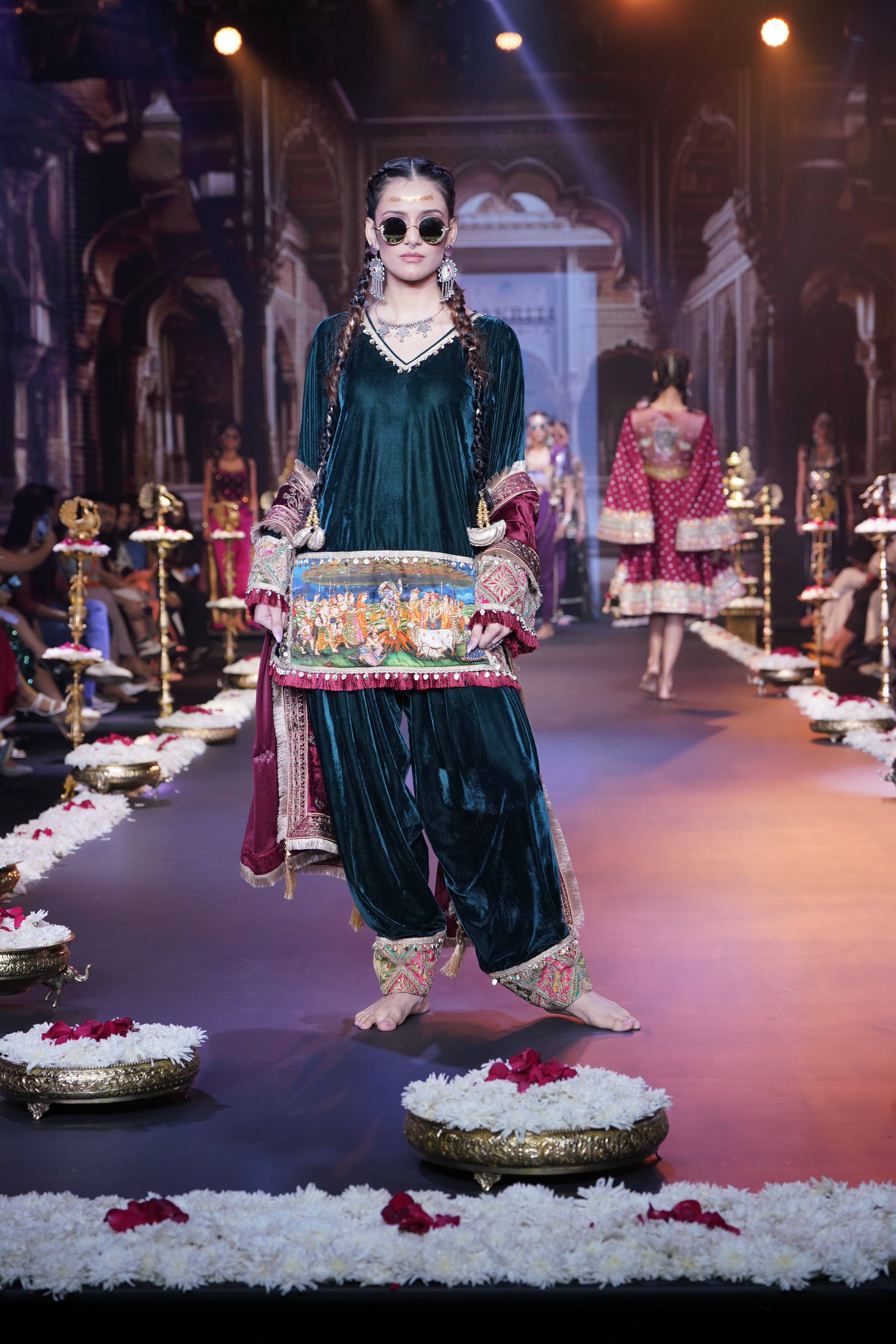 Green kurta with Krishna print embroidered set