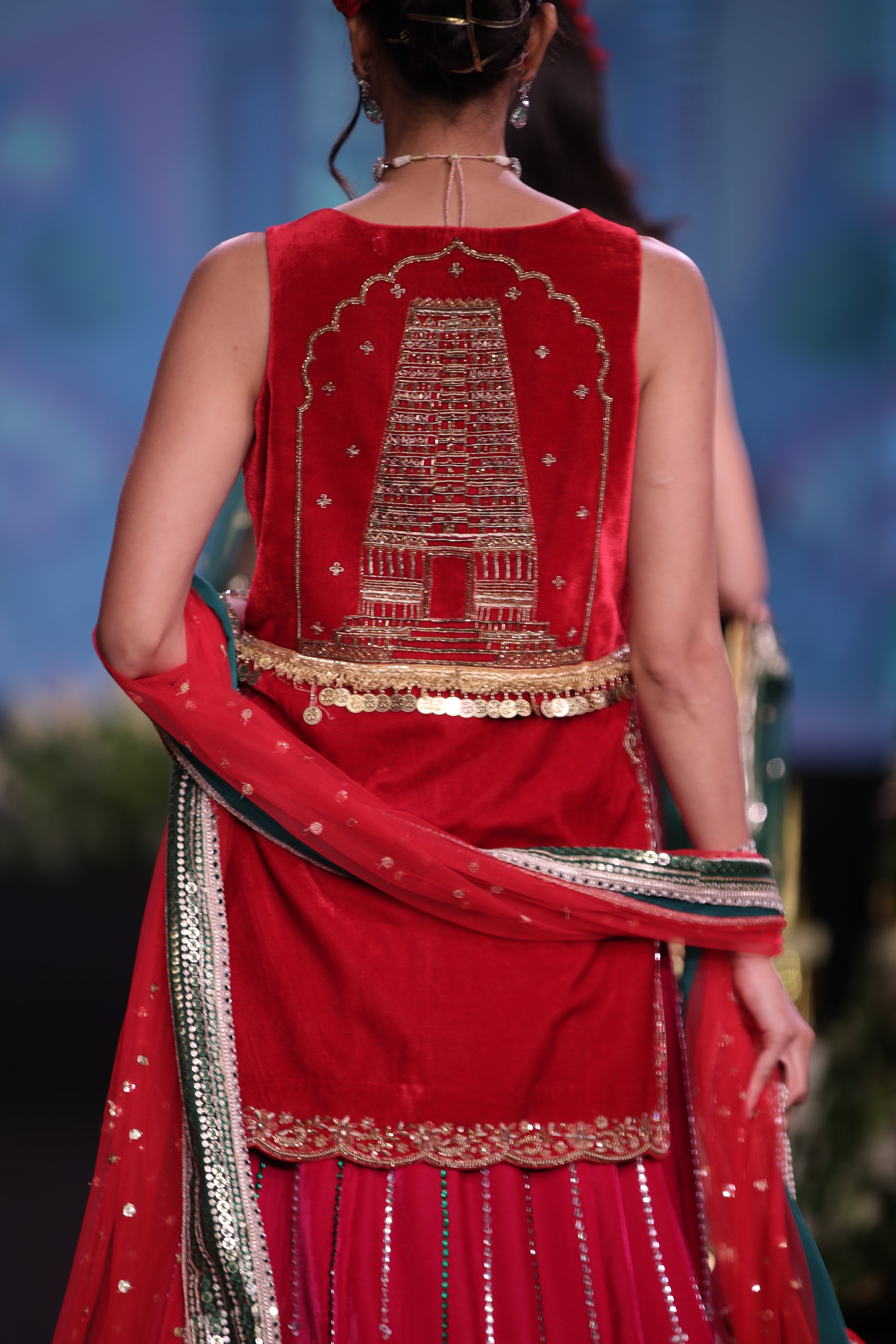 Dual tone red and pink applique work lehenga set