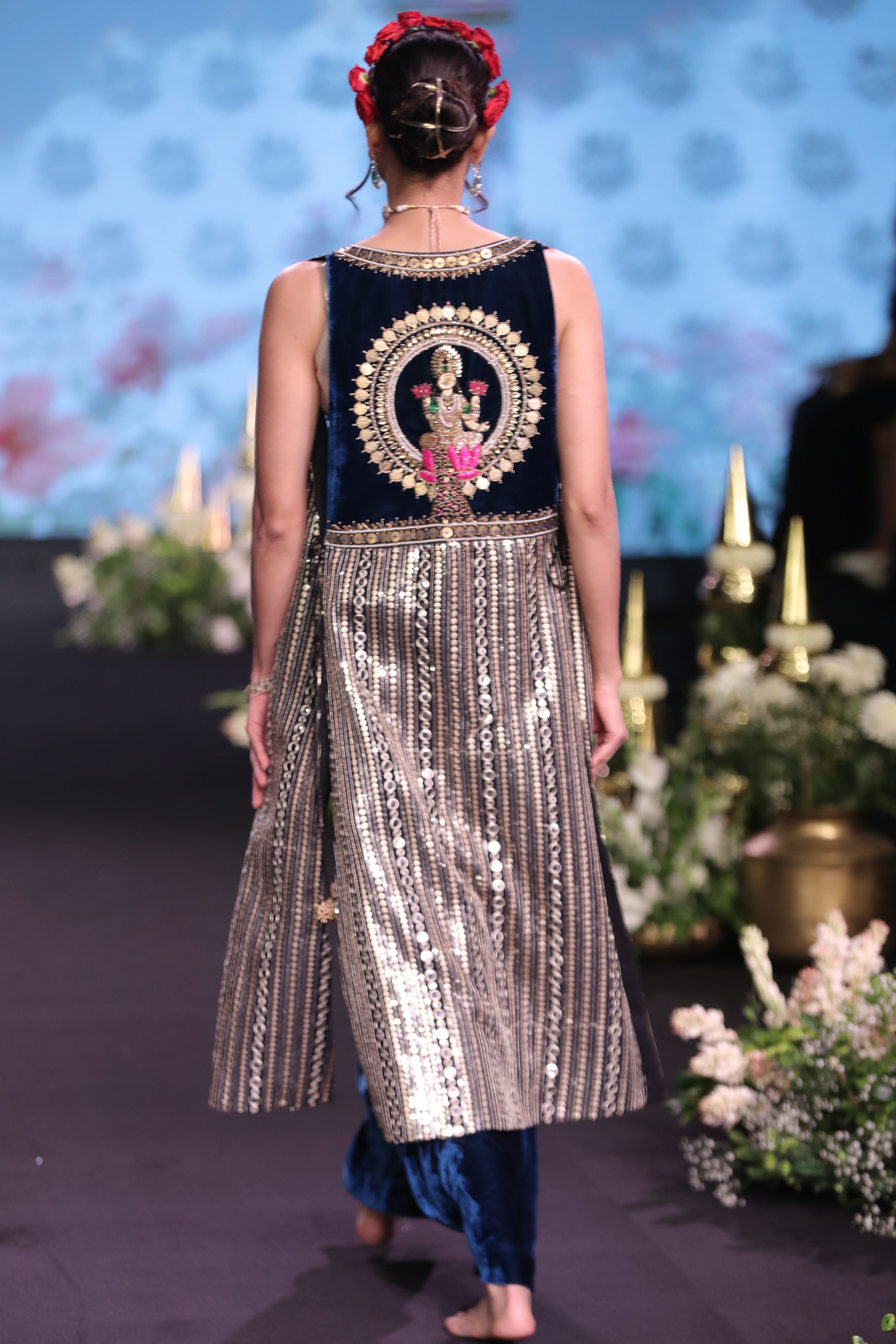 Navy blue embroidered three- piece set