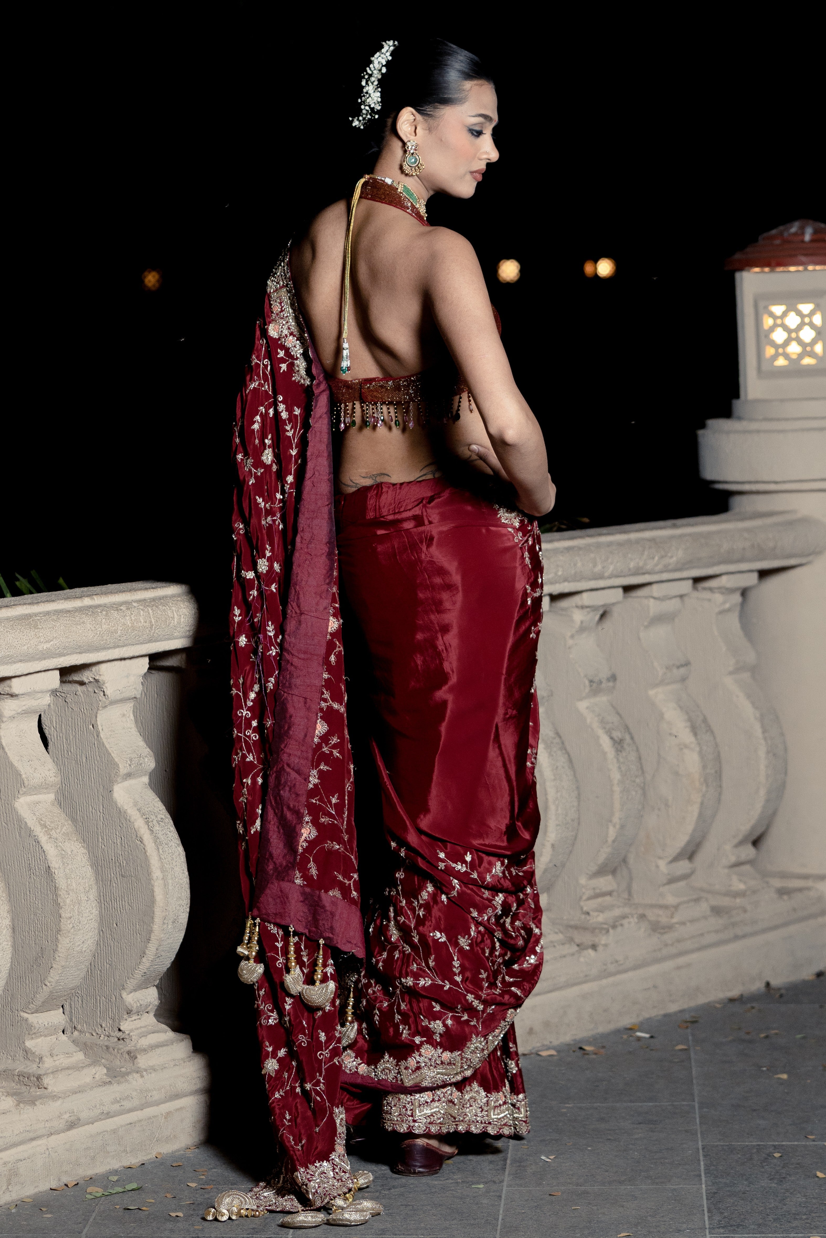 Maroon embroidered saree
