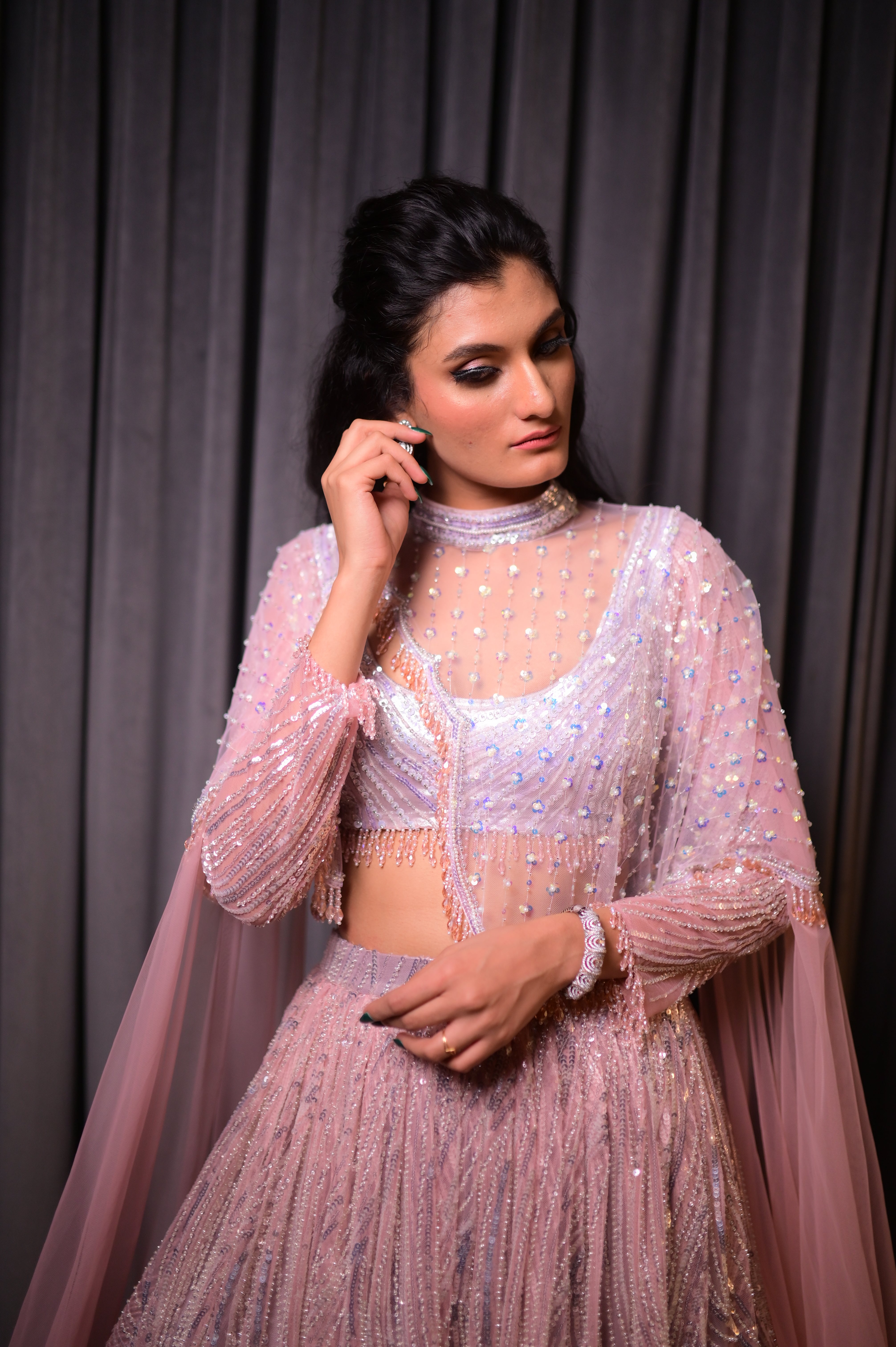 Pink sequin lehenga set with cape jacket