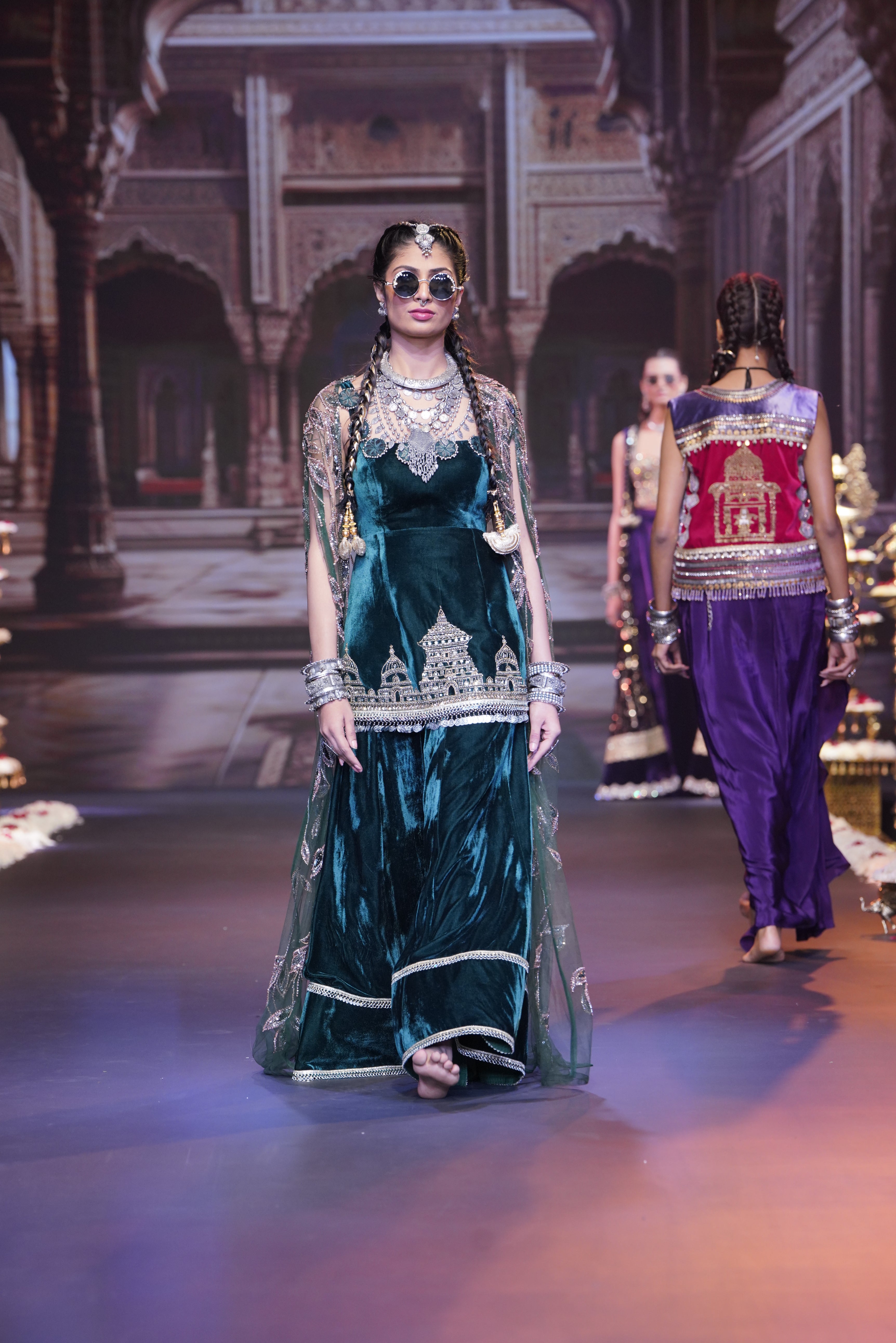 Ram mandir inspired green palazzo set with cape