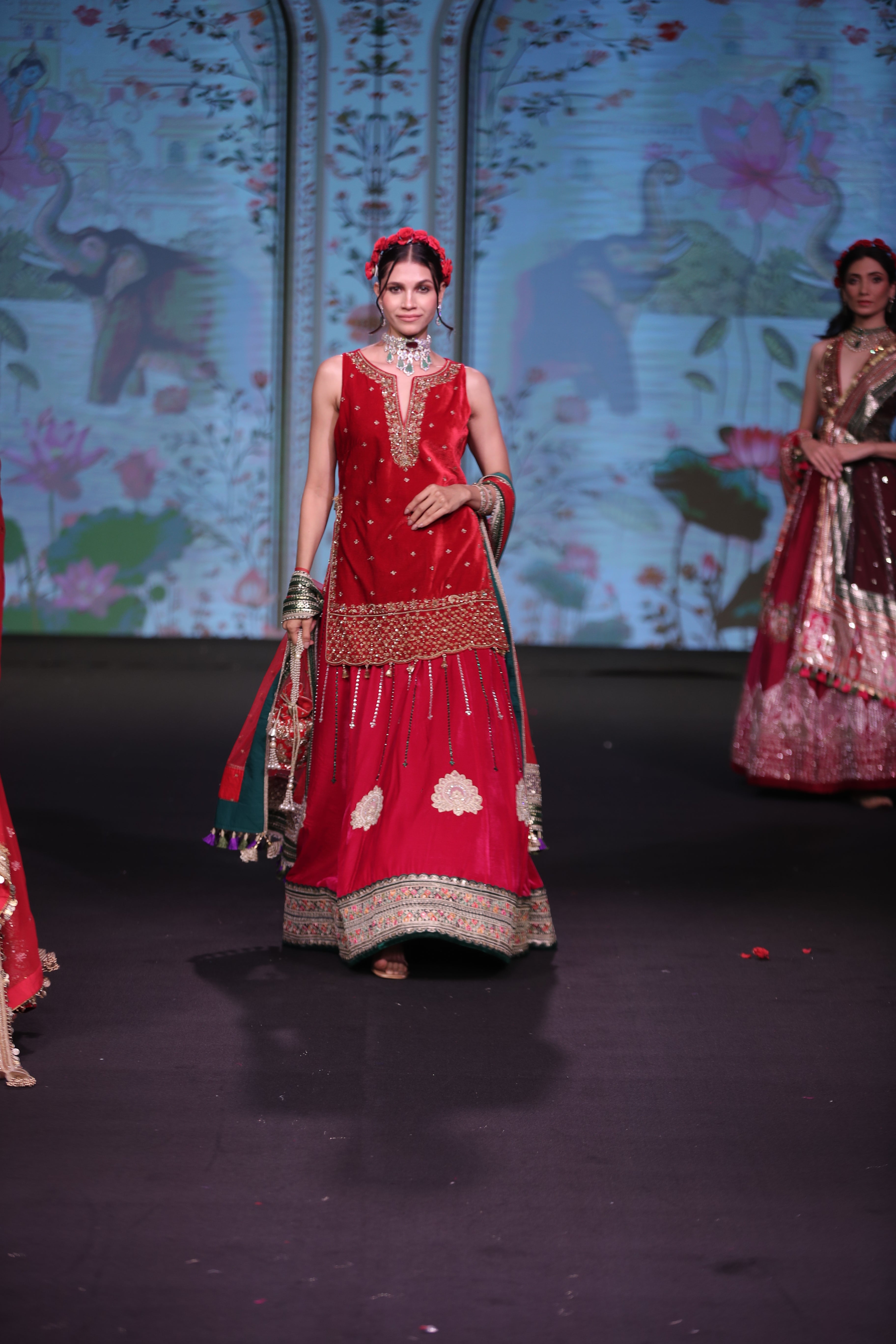 Dual tone red and pink applique work lehenga set